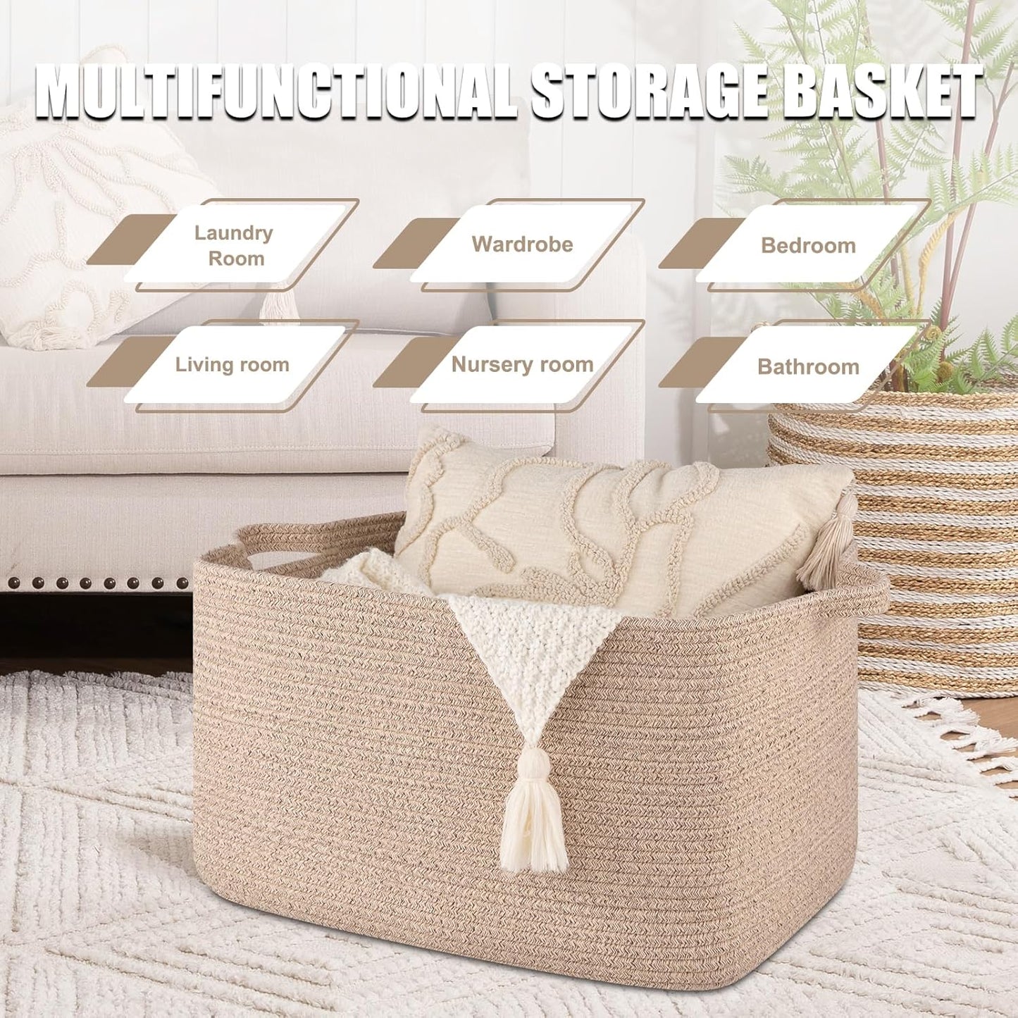 65L Large Storage Basket, Cotton Rope Woven Blanket Basket, Toy Storage for Baby Room, Living Room, Brown