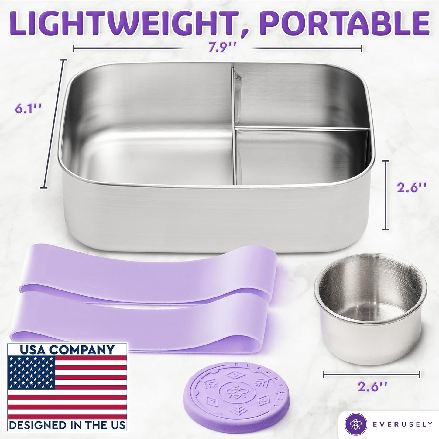 Everusely - Bento Box - Lavender, 47oz / 1.4 L - Stainless Steel Lunch Box with Leakproof Condiment Container - 3 Compartment Snack Organizer for On the Go Meals - Freezer & Dishwasher Safe