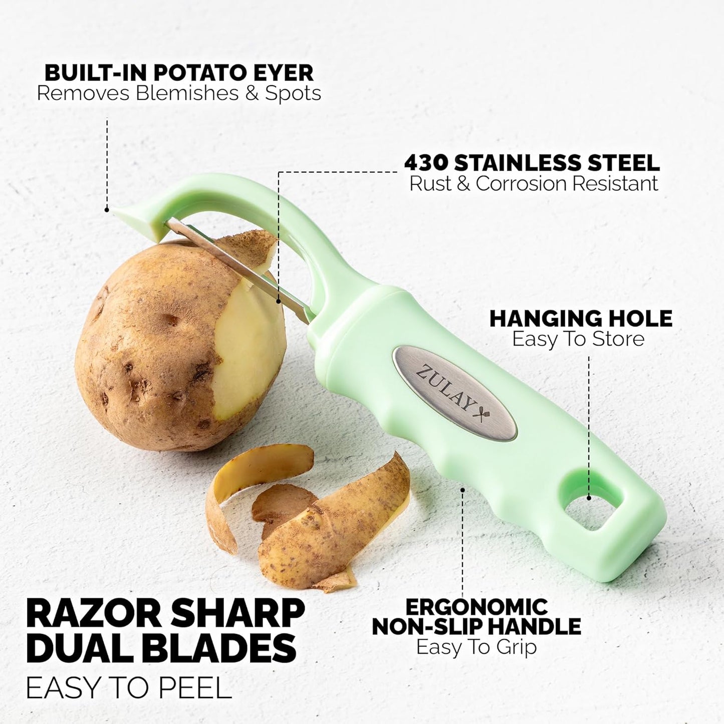 Zulay Kitchen Premium Vegetable Peeler for Kitchen - Swivel Peeler with Razor Sharp Stainless Steel Blades & Strong Ergonomic Handle - Dishwasher Safe, Easy To Use with Blemish Remover - Mint