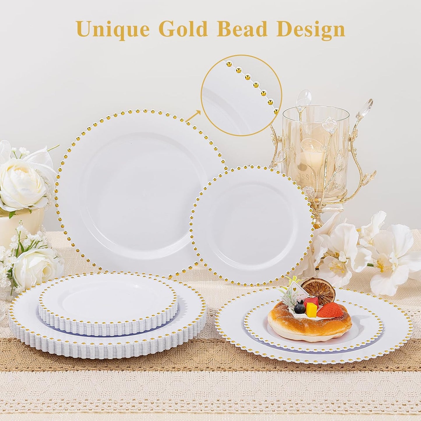 supernal 100pcs White Plastic Plates with Gold Trim Fancy Disposable Plates Includes 50 Plastic Dinner Plate and 50 Dessert Disposable Plate for Party,Wedding,Bridal Shower