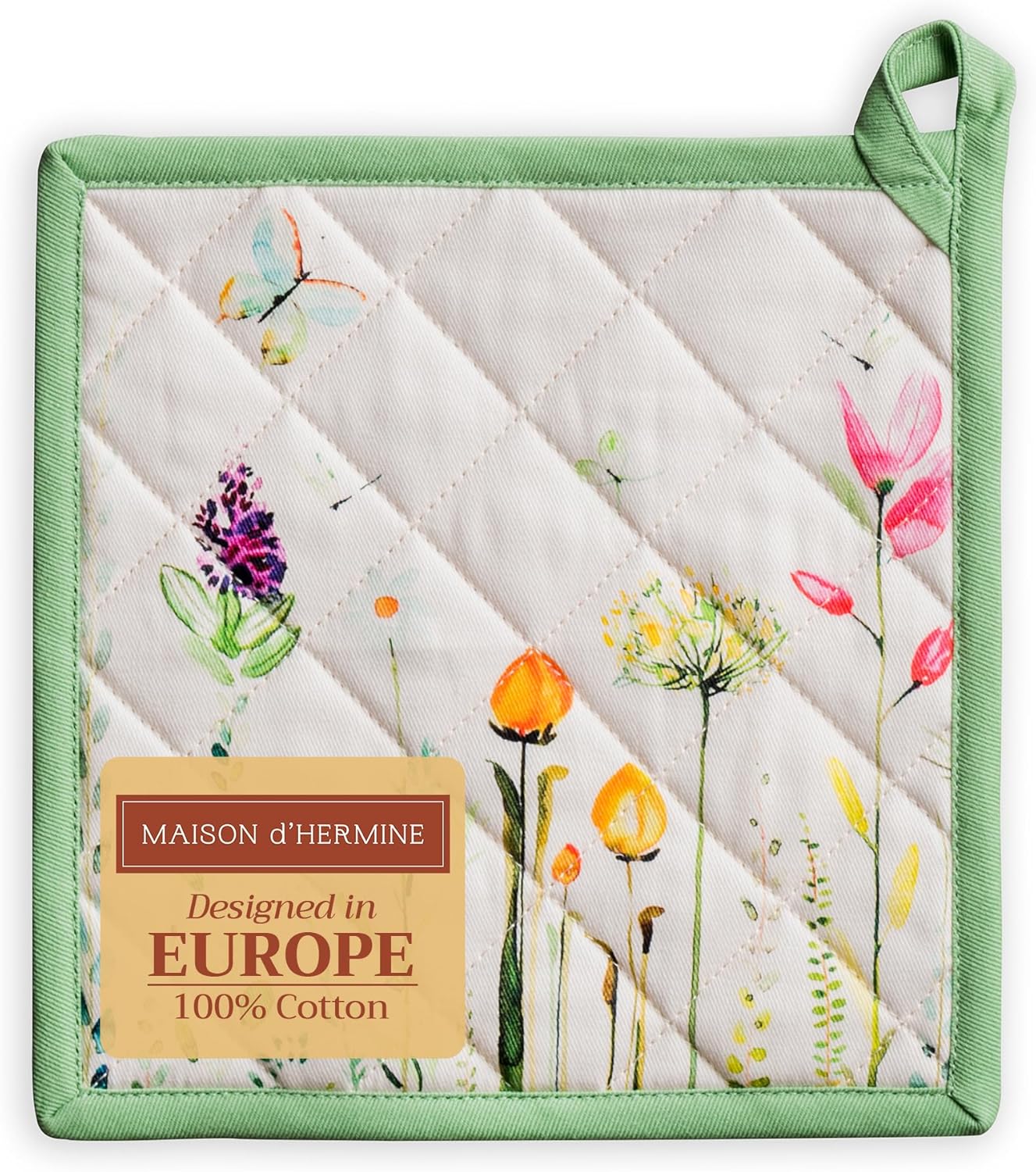 Maison d' Hermine Pot Holders 100% Cotton Heat Resistant Potholders 8" x 8" Hot Pads with Loop BBQ, Cooking, Baking, Grilling, Kitchen, Handling Hot Pans Spring/Summer (Pack of 1, Botanical Fresh)