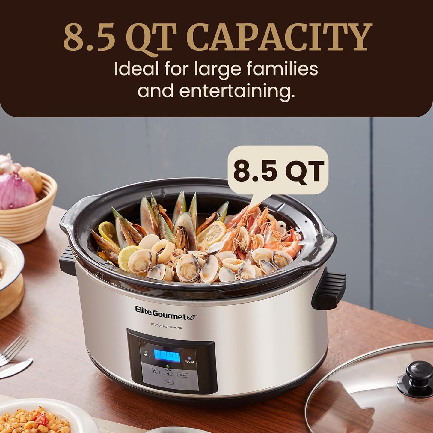 Elite Gourmet MST-900D 8.5Qt Digital Programmable XL Jumbo Slow Cooker, Adjustable Temp, Entrees, Sauces, Stews & Dips, Dishwasher Safe Glass Lid & Crock, Stainless Steel