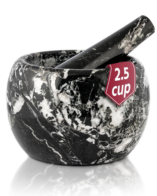 Gusto Nostro Natural Marble Mortar and Pestle Set | 5 Inch - 2.5 Cup Large Mortar Pestle Set for Grinding Herbs, Nuts, Grains | Pesto Grinding and Guacamole Stone Bowl | Marble Spice Crusher