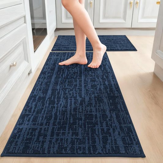 COSY HOMEER Kitchen Rugs 20"x32"+20"x48" Absorbent Soft Kitchen Mats for Floor Non Slip Kitchen Runner Rug Polyester Washable Kitchen Floor Mats for Sink Mat,Hallway,Laundry,Navy Blue
