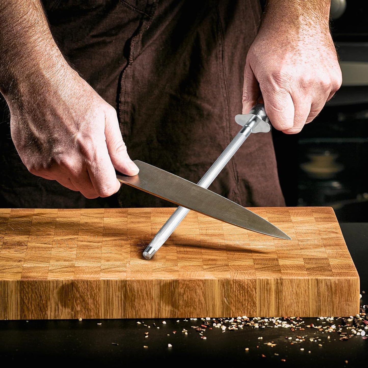 Knife Sharpener Rod, Kitchen Knives Sharpener Carbon Steel Professional Knife Sharpening Steel, Honing Rod with Hanging Holes (13 inches), V