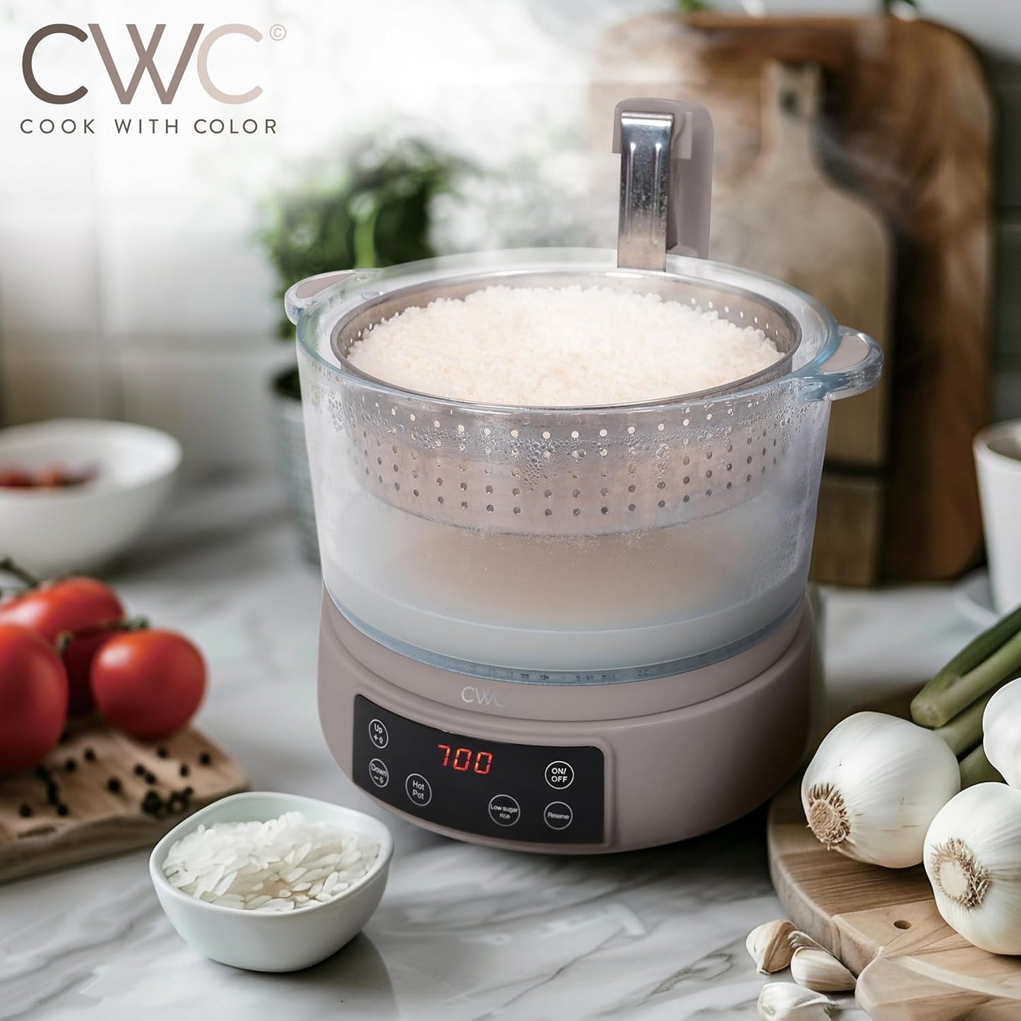 COOK WITH COLOR 3L Glass Low Carb Rice Cooker - Makes 6 Cups Cooked Low Sugar Rice with Auto Lift Filter Basket, Hotpot & Steamer for Rice, Grains and Oats, Digital Panel with Keep Warm, Greige
