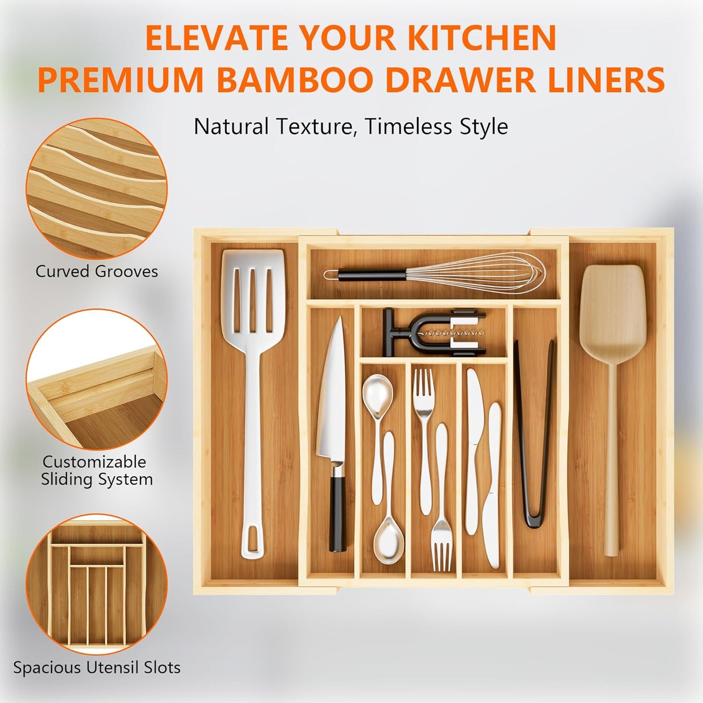 Expandable and Adjustable Bamboo Drawer Organizer Tray - Cutlery Drawer Organizer for Kitchen Utensils, Silverware Organizer with Dividers, 7-9 Slots with Curved Grooves (Natural)
