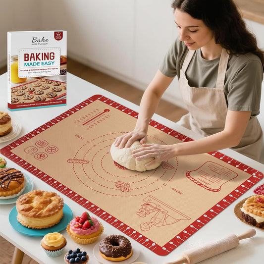 Silicone Macaron Baking Mat with 10 Easy Recipes, Extra Thick Silicone Mats for Baking, Non Stick Pastry Mat for Dough Rolling, Heat Resistant Silicone Bread Cookie Pizza Oven Mat with Measurement
