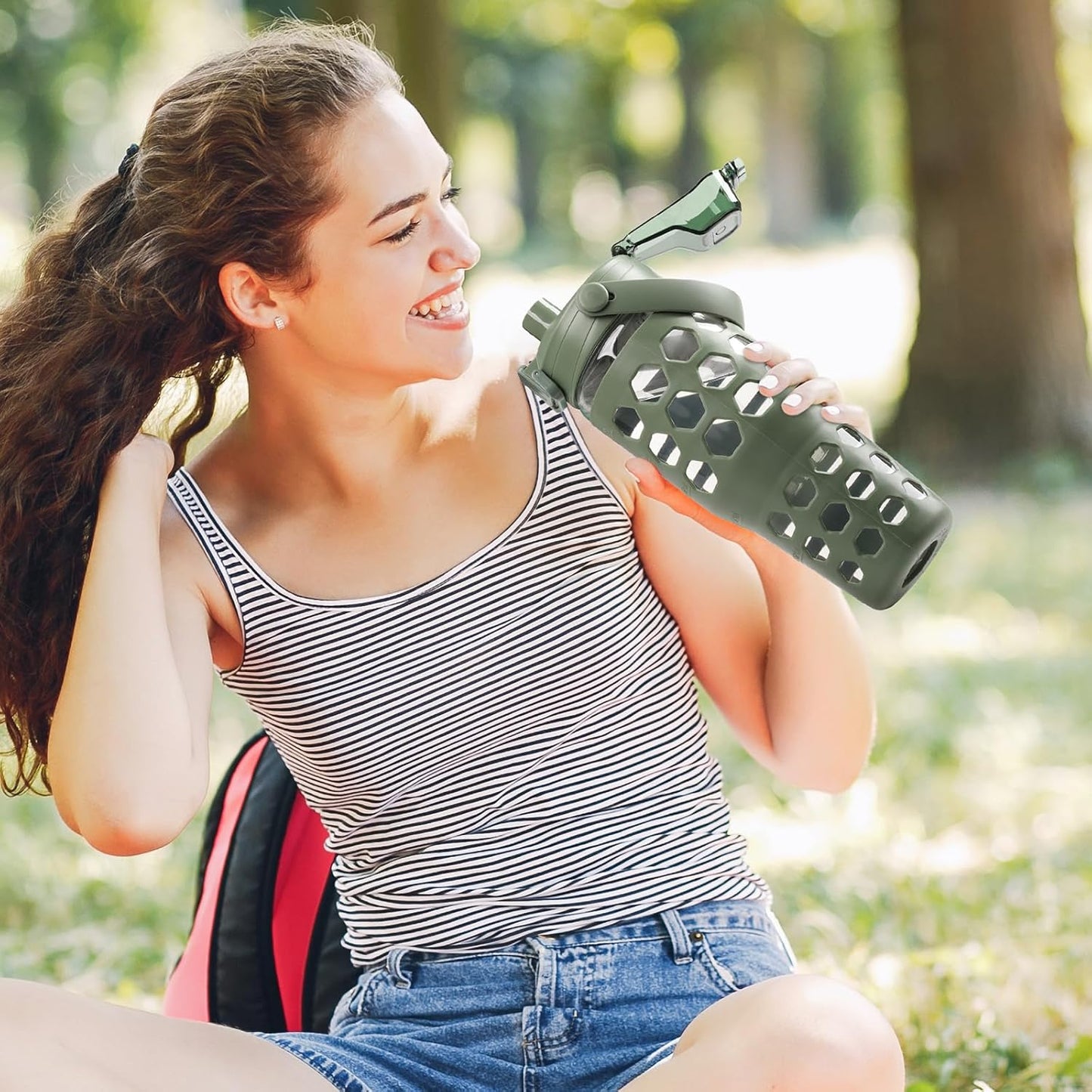 MUKOKO 32 oz Glass Tumbler with Straw,Glass Water Bottles with Time Marker,Iced Coffee Cup with 2 Lids-Handle Spout Lid&Straw Lid,Silicone Sleeve,Leakproof,1 Pack-Olive