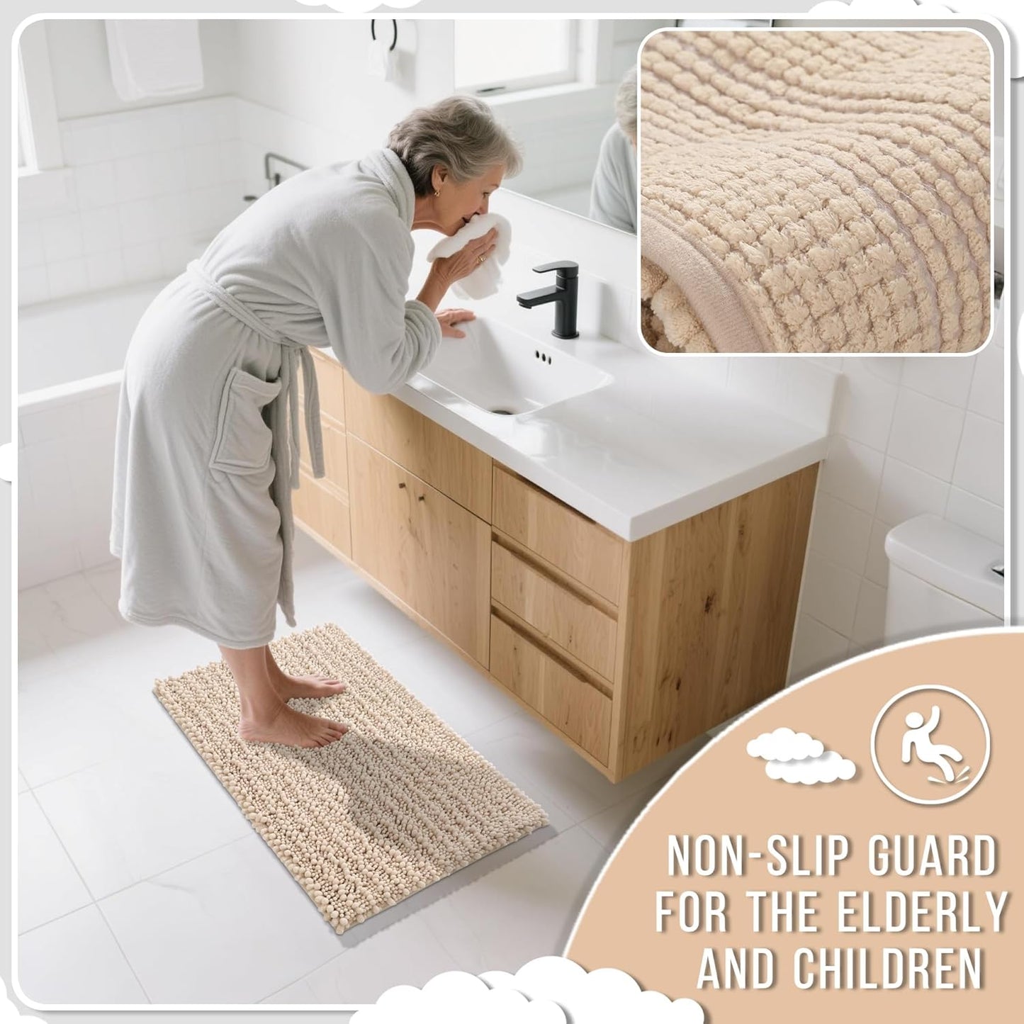 Yimobra Bathroom Rugs Non Slip Washable 32x20 Inch - Ultra Soft Absorbent Chenille Bath Mat, Quick Dry Shaggy Floor Carpet for Tub Shower, Light Brown Home Decor Accessories