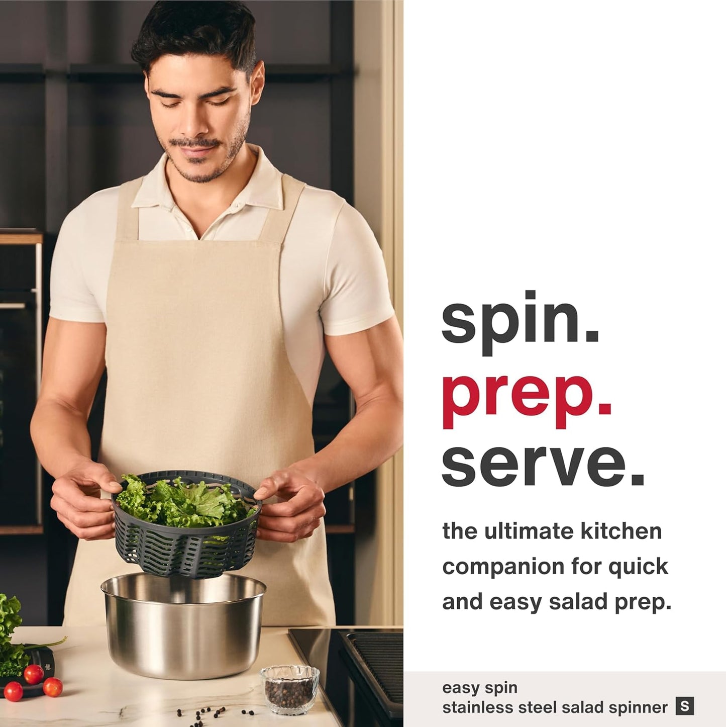 Zyliss Easy Spin Salad Spinner - Fruit & Veggie Dryer - Produce Spinner & Cleaner for Salad Prep - Dishwasher-Safe Kitchen Essential - Non-Slip Bowl with Pull Handle - New Stainless Easy Spin Small