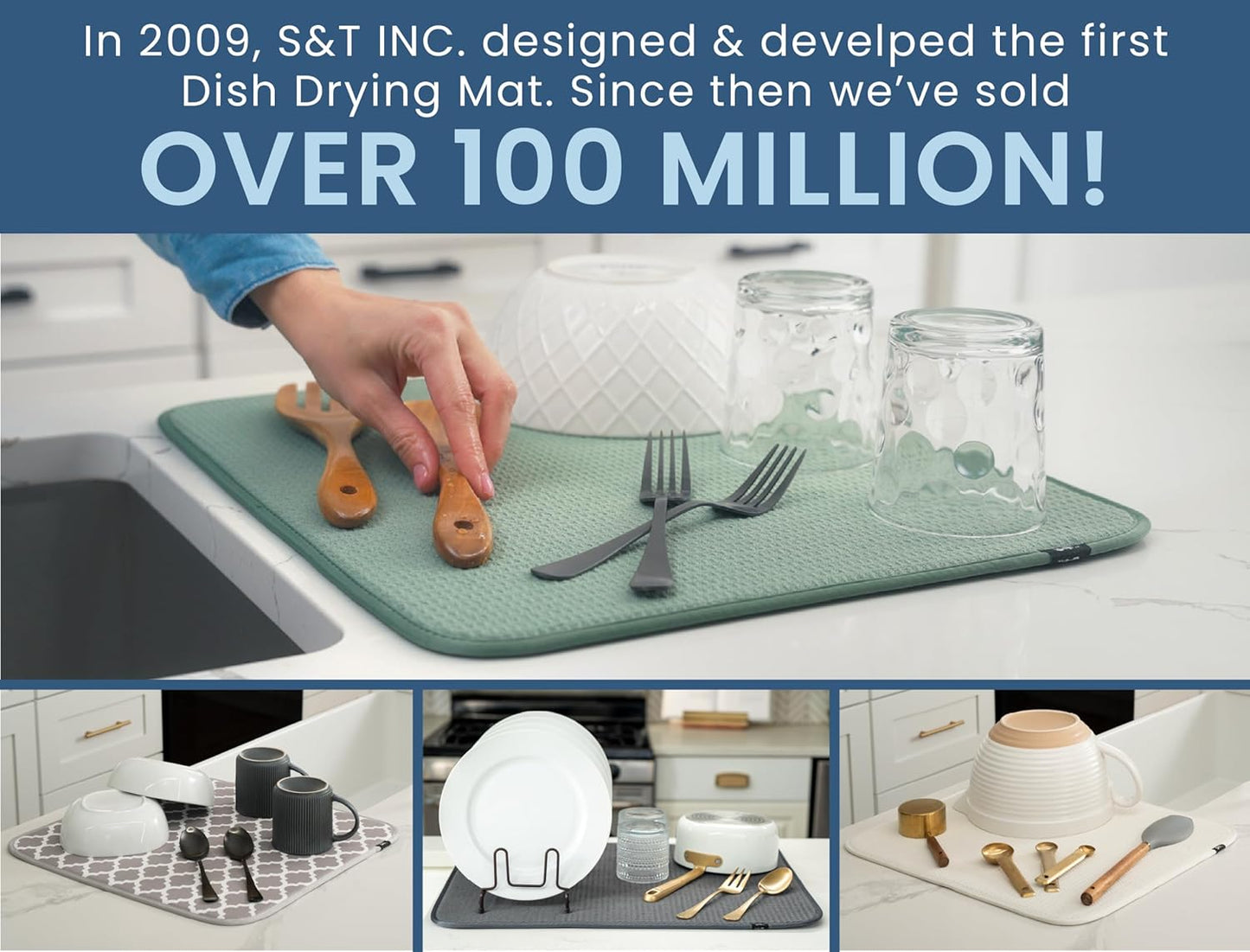 S&T INC. Dish Drying Mat XL, 18” x 24”, Absorbent Microfiber Kitchen Counter Mat, Dish Drying Pad for Dishes, Utensils, Pots and Pans, Extra Large, Cream