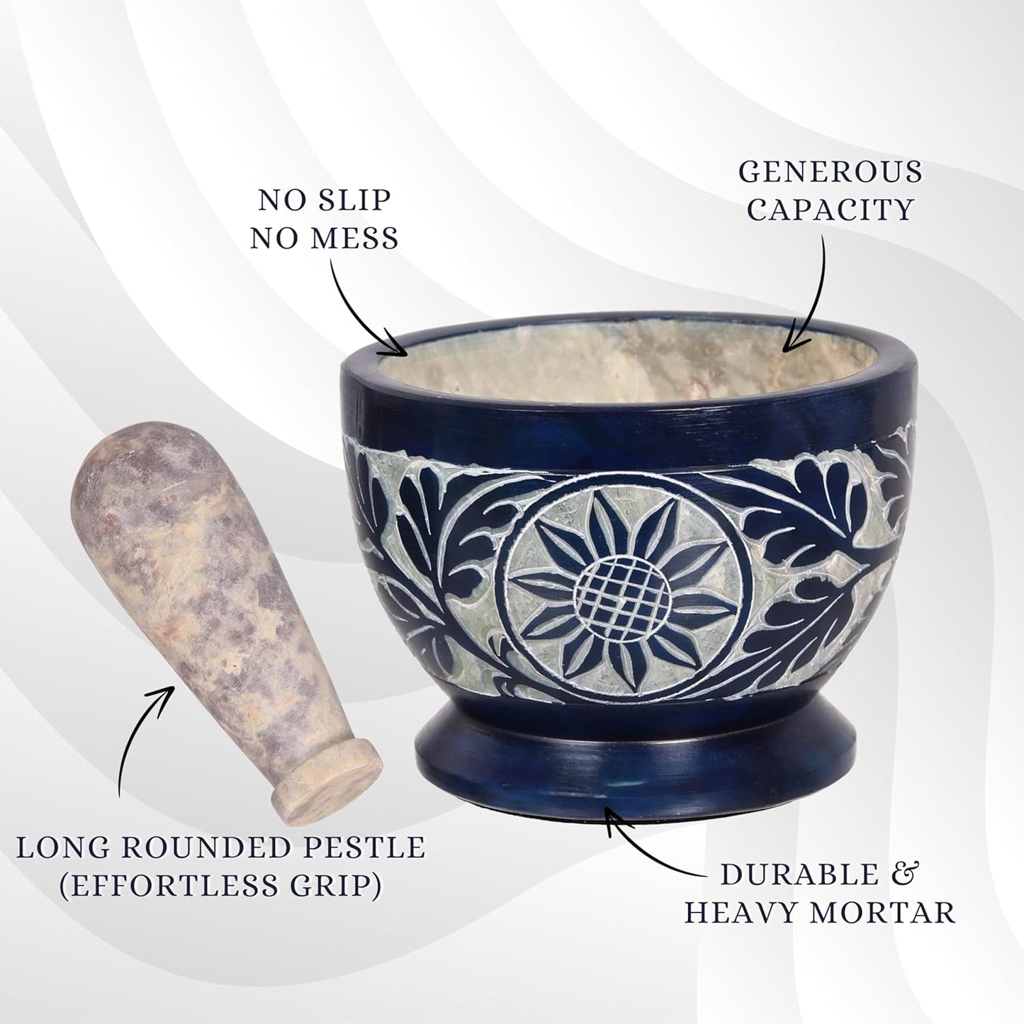 Mortar and Pestle, Made of Heavy Duty Polished Hard Stone, Natural Stone Grinder for Spices, Pastes, Herbs, Seasoning etc. (Blue)