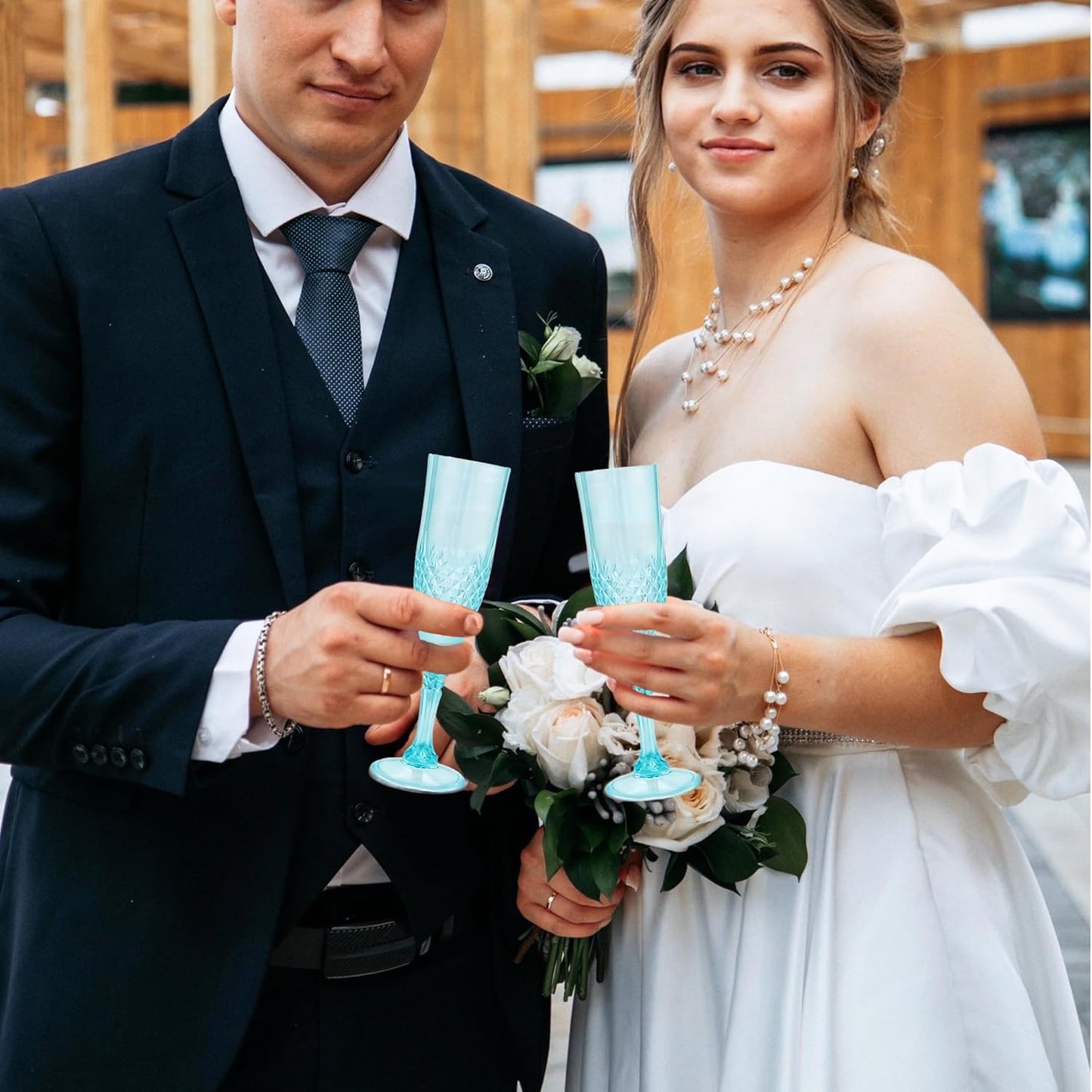 Plastic Champagne Flutes, 24PCS Light Cyan Wine Glasses Goblets Reusable Champagne Flute for Weddings, Bachelor Parties, Toasting, and Events(24,Light Cyan)