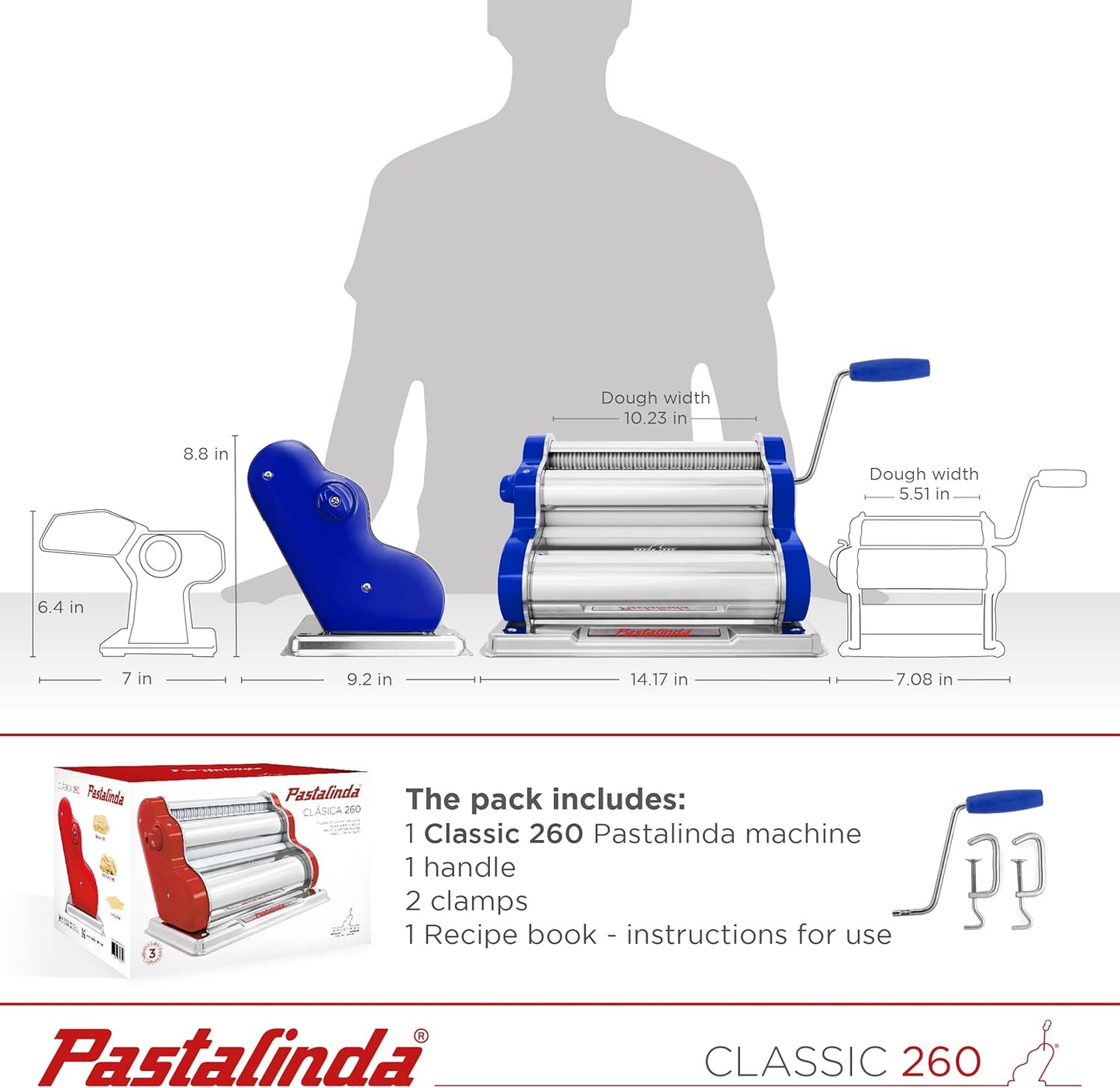 PASTALINDA Classic 260 Pasta Maker Machine, 26 cm Wide Rollers, 9 Thickness Positions, 2 Cutting Positions, Stainless Steel. Includes Reinforced Hand Crank And Two Clamps (Blue)