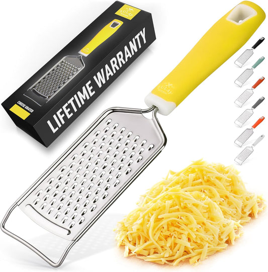 Zulay Kitchen Professional Cheese Grater Stainless Steel - Durable Rust-Proof Metal Lemon Zester Grater With Handle - Flat Handheld Shredder for Parmesan, Chocolate, Spices, And More - Yellow