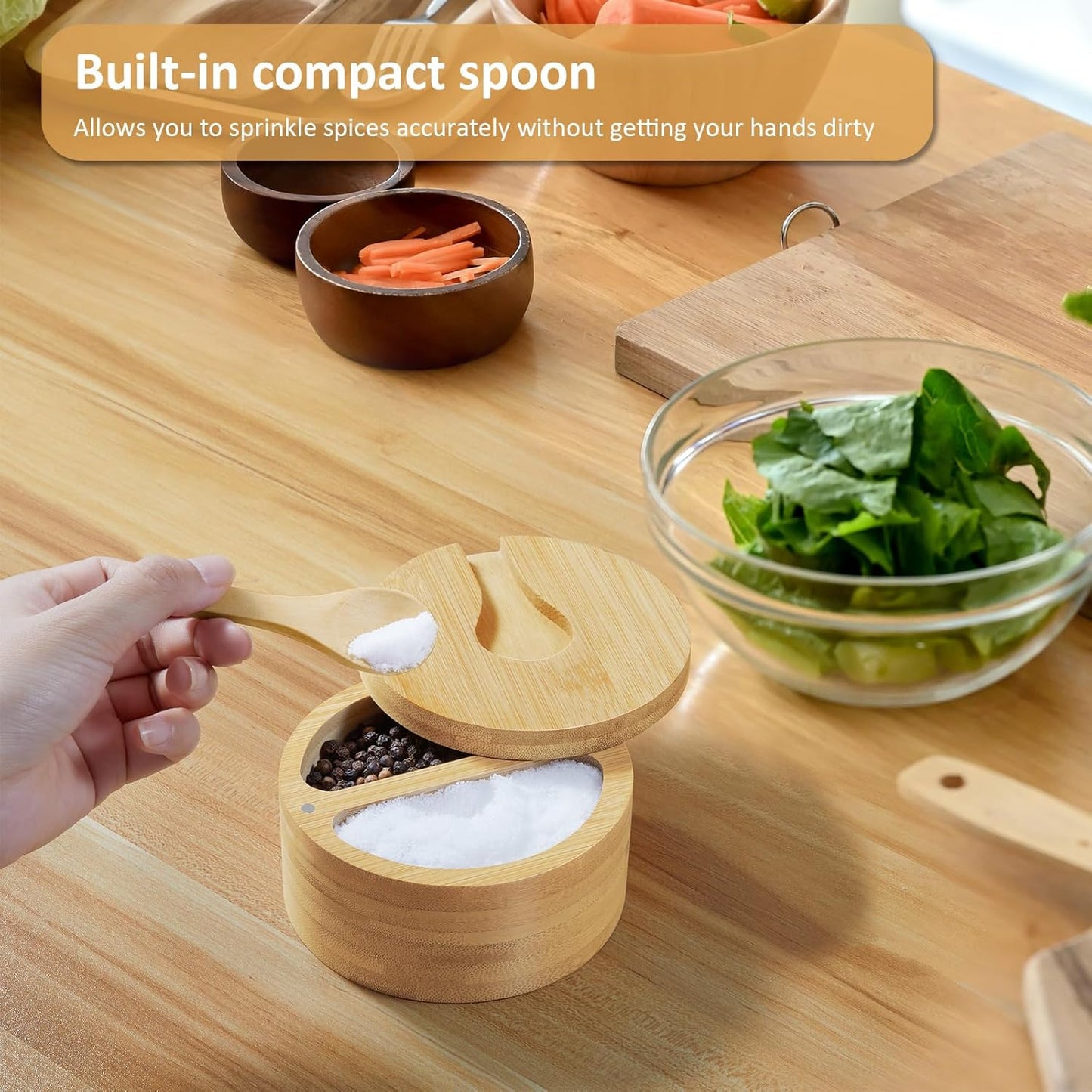 2-Compartment Salt Box with Lid and Spoon, Bamboo Salt Cellar with Swivel Lid, Salt and Pepper Bowls for Salt & Spices, Dual 6 oz Salt Container