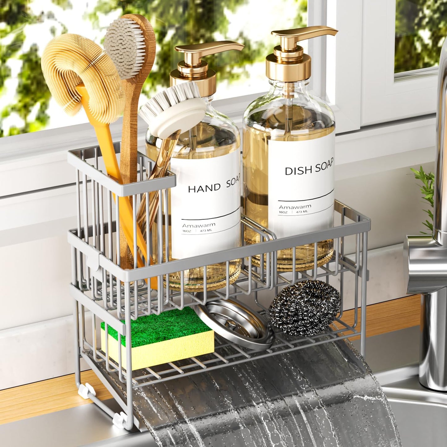 Sponge Holder for Kitchen Sink, 2 Tier Sink Caddy Organizer with High Brush Holder, Self-Draining Sponge Holder for Sinks, Soap Dispenser Organizer, Rustproof 304 Stainless Steel, Silver