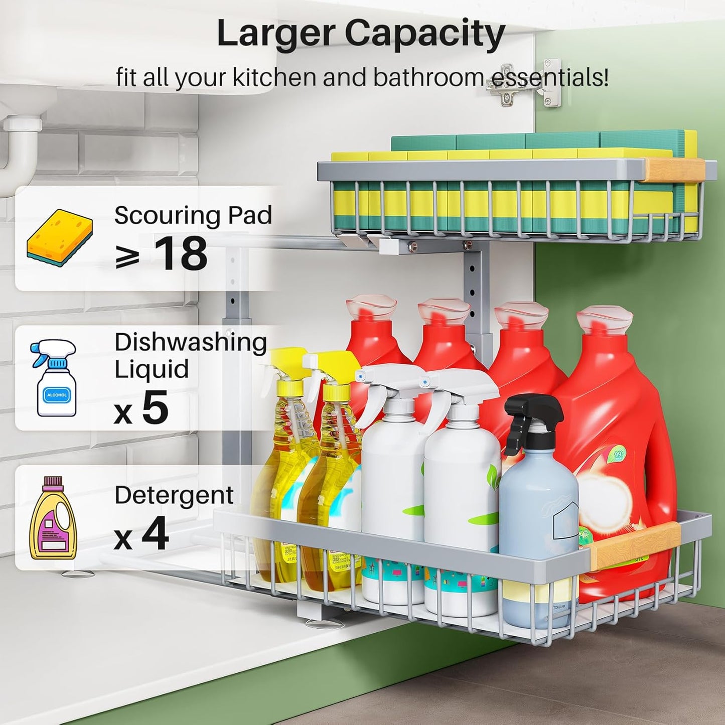 Under Sink Organizer, 2 Packs 2 Tier Under Sink Organizers and Storage, Slide out Pull out Cabinet Organizer Shelf, Metal Sliding Drawer for Kitchen Bathroom Pantry Closet Rack(Grey)