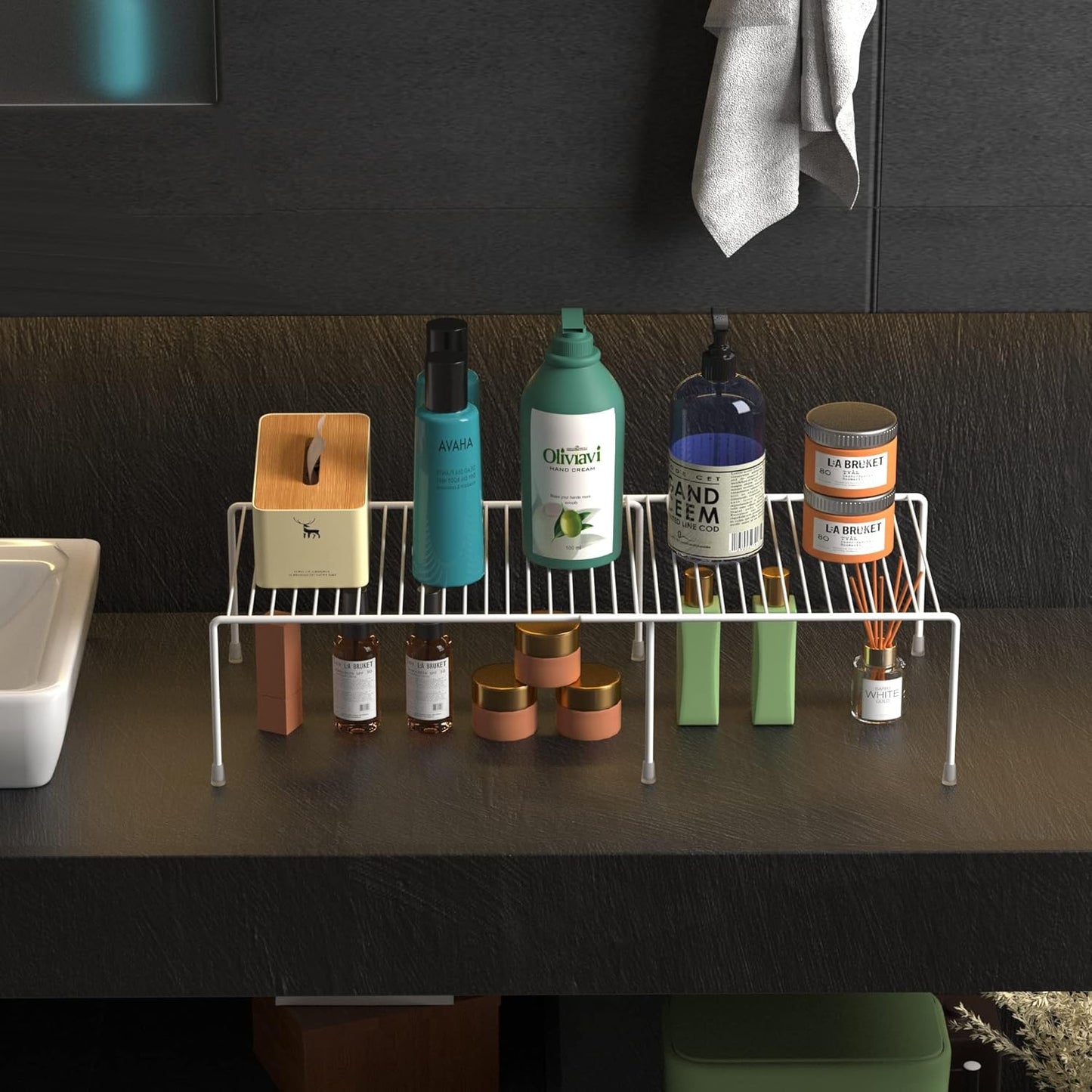 Redrubbit Cabinet Storage Shelf Rack, Expandable Metal Rustproof Kitchen Counter and Cabinet Shelf, Storage Rack Organizer Space Saver for Kitchen, Fridge, Cabinet, Bathroom, White, Set of 6