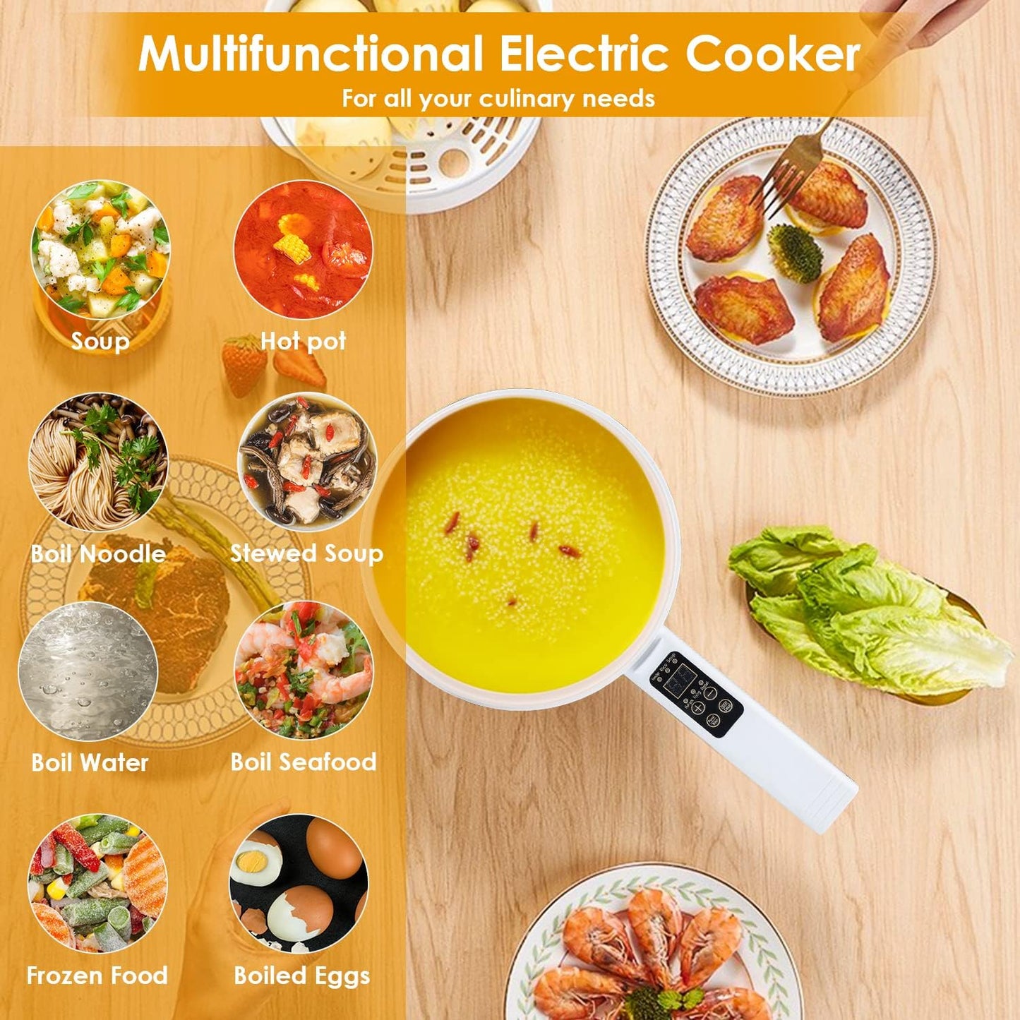 Electric Hot Pot,1.8L Electric Cooker Steamer, Multifunctional Non-stick Pan,Suitable For Ramen, Steak, Egg,Rice, Oatmeal, Soup Smart Button, Gold