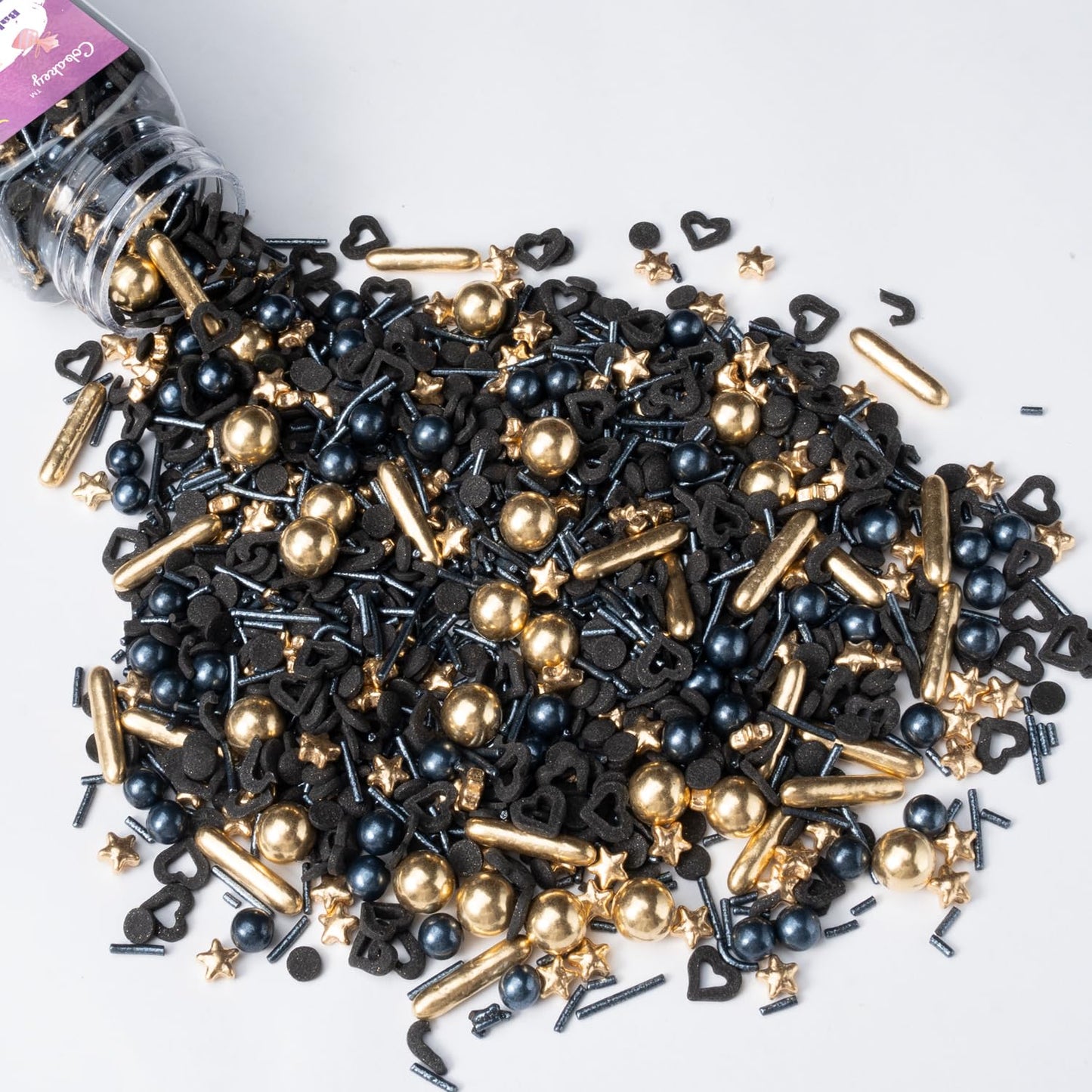 Black & Gold Star Sprinkles for Cake Decorating 4.23ounce - Sugar Mix Contains Gold Star & Pearl Sprinkles for Cupcake Toppers, Ice Cream, Candy, Cookie Decorations - Wedding Party Supplies