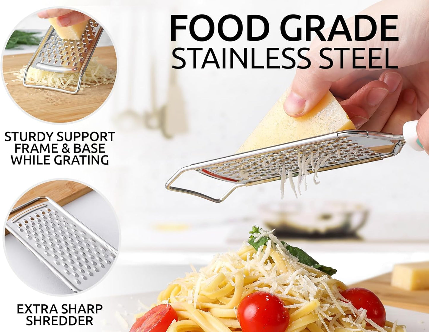 Zulay Kitchen Professional Cheese Grater Stainless Steel - Durable Rust-Proof Metal Lemon Zester Grater With Handle - Flat Handheld Grater For Cheese, Chocolate, Spices, And More - Mint