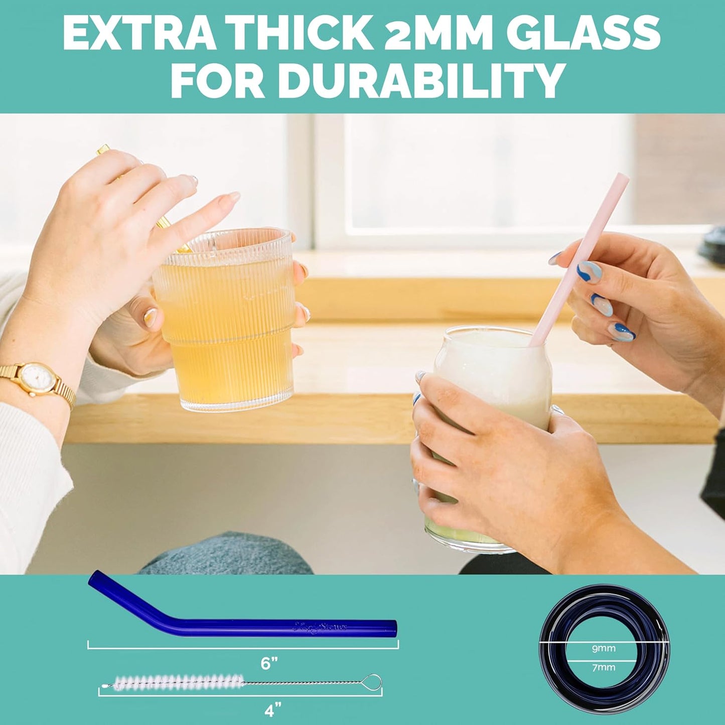 Simply Straws 6 Inch Glass Straws Bent (6-Pack) – Reusable Glass Straws for Low Balls & Stemless Glasses, with Cleaning Brush – Dishwasher Safe, Hot & Cold Use, BPA-Free (Seaglass)