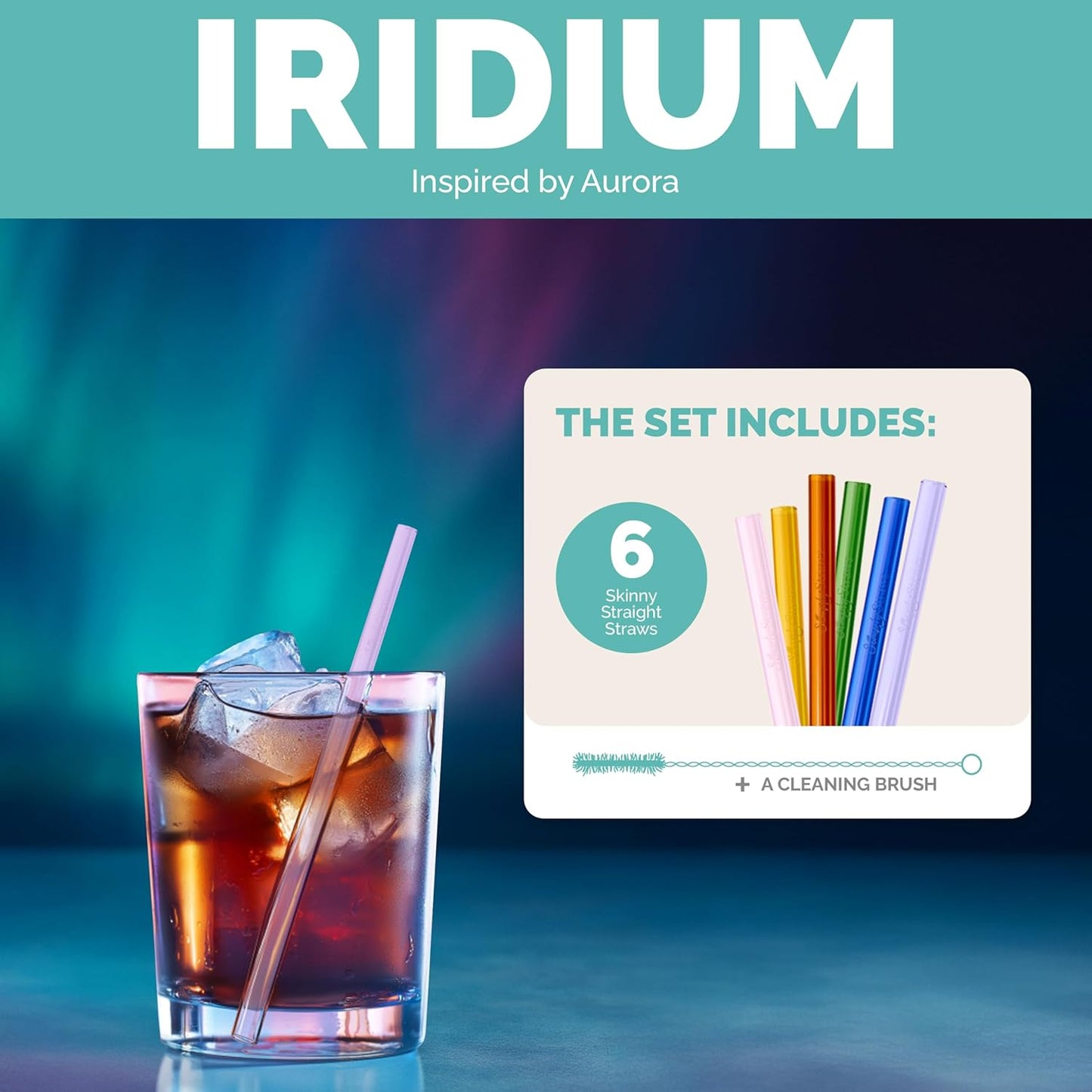 Simply Straws 6 Inch Skinny Glass Straws (6-Pack) - Reusable Cocktail Straws for Mixed Drinks, Low Balls, Coffee & Tea, with Cleaning Brush – Dishwasher Safe, Hot & Cold Use, BPA-Free (Iridium)