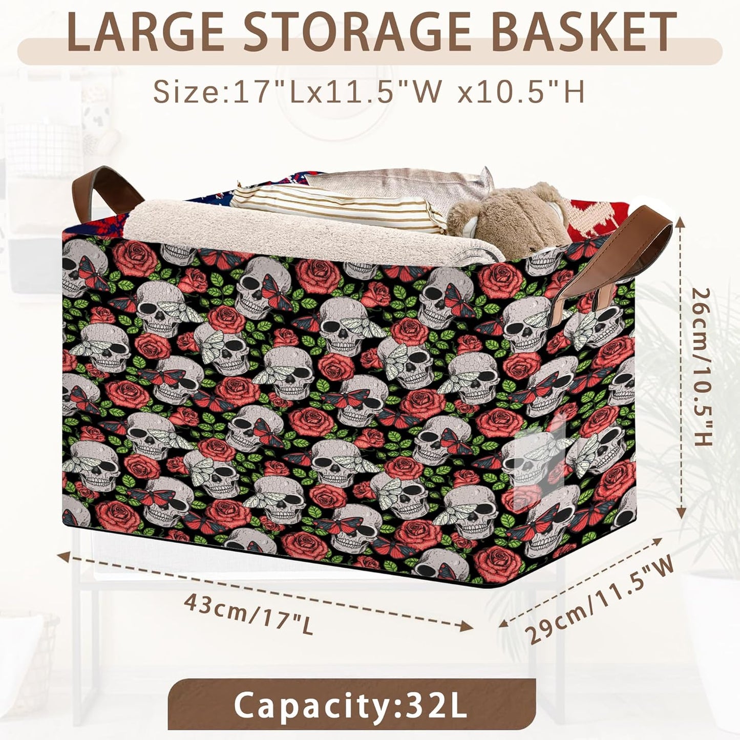 Skull Flower Pattern Collapsible Storage Bin-17x11.5x10.5 Inch Foldable Organizer for Halloween Decor, Gothic Room, Under Bed Storage-Single Pack