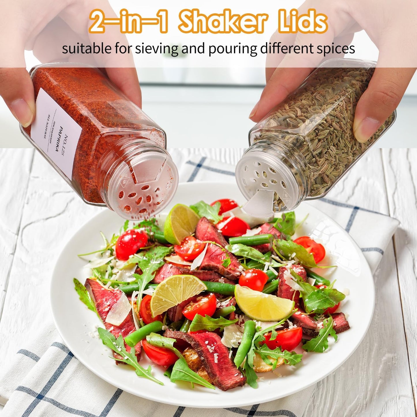 Spice Jars - 36 pieces, labeled spice jars with black metal lids, empty glass spice jar set, spice storage containers, kitchen set, ideal for organizing and storing food in the pantry.