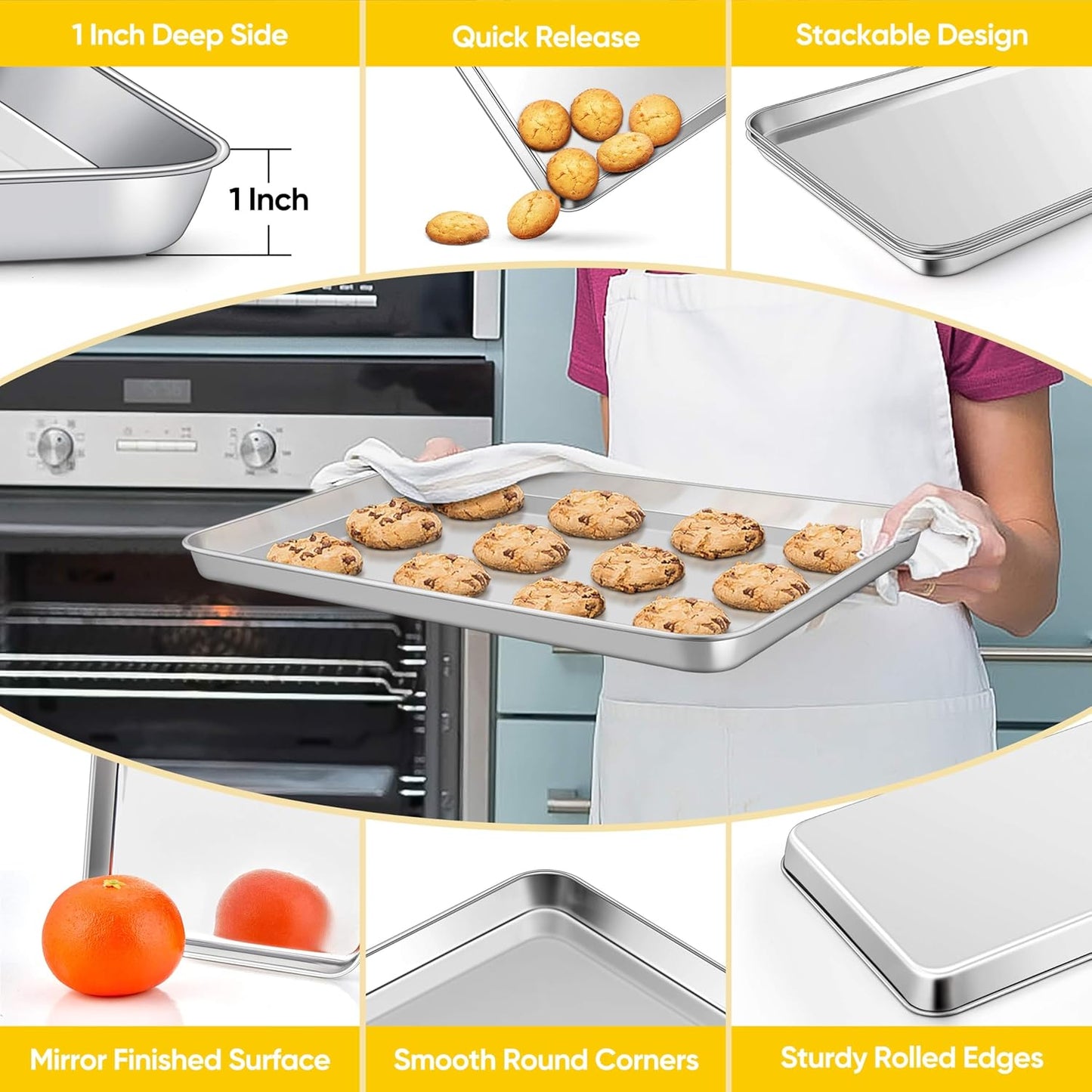 Homikit 1 Pack Baking Sheet Pan, 16” x 12” Stainless Steel Cookie Pan Tray Set for Oven, Metal Jelly Roll Pan for Baking Cooking Toasting, Rustproof & Non Stick, Mirror Finish & Dishwasher Safe