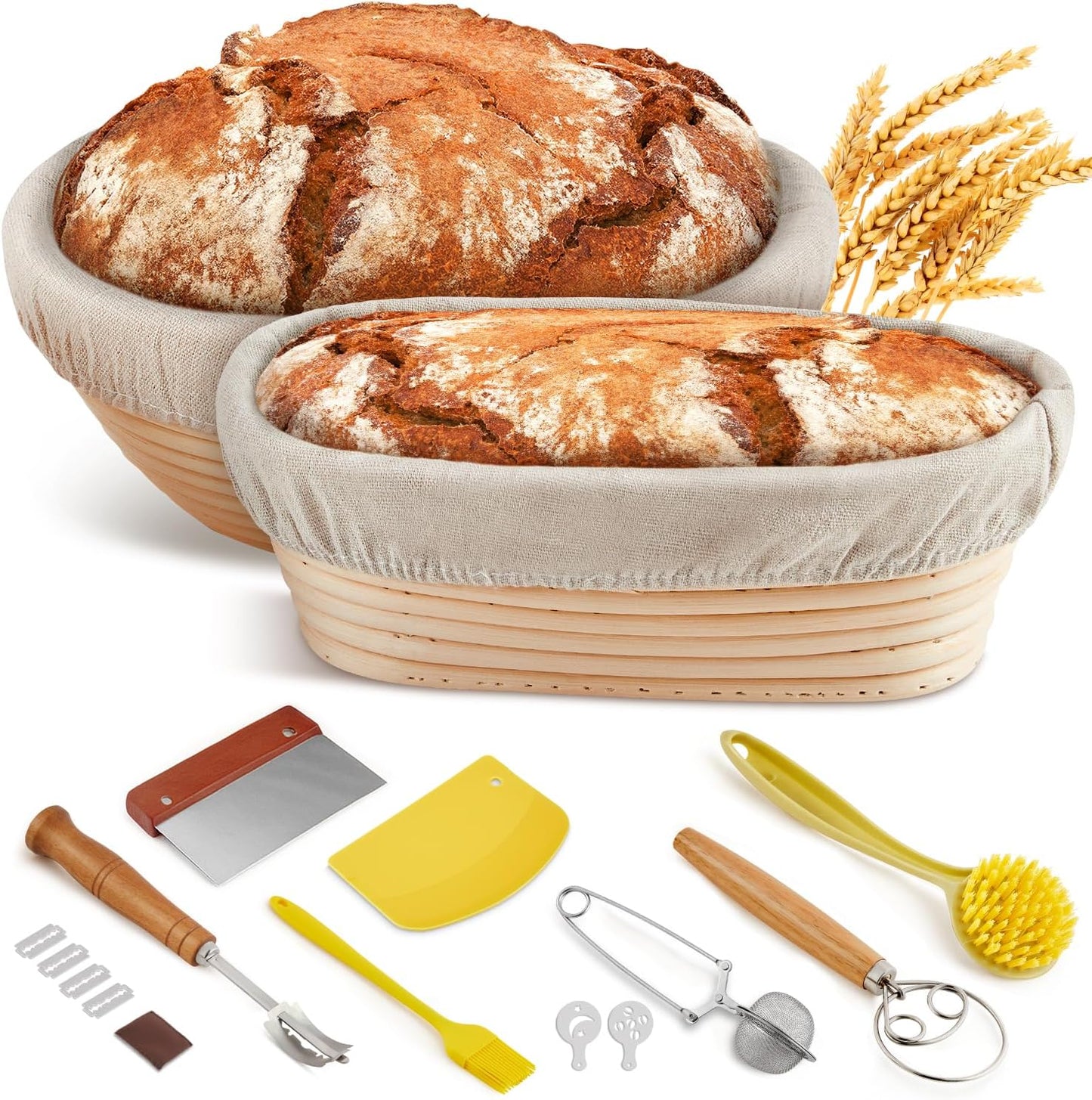 Banneton Bread Proofing Basket, Sourdough Starter Kit with 9" Round & 10" Oval Bread Proofing Basket, Bread Lame, Brushs, Spatula, Scraper, Dough Whisk, Flour Duster & Stencils