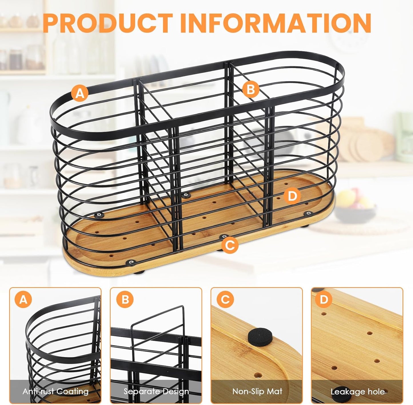 Utensil holder for Kitchen Counter- Large Utensils Holder For Farmhouse Cooking 13.5" x 4.3" x 6.9" with Wooden Base Matte Black Cooking Utensil Holder Spatula Holder Utensil Caddy