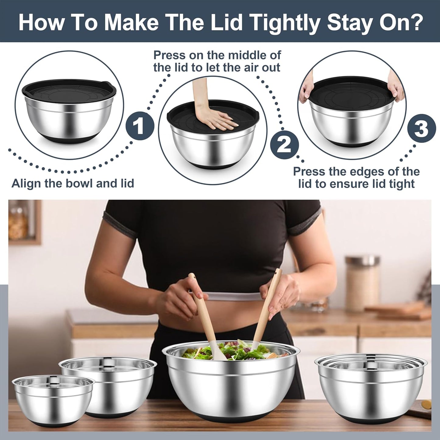TeamFar Mixing Bowls, Black Mixing Bowls with Lids Set, Stainless Steel Nesting Salad Bowl with Air-tight Lid & Silicone Bottom, Non Slip & Stackable - Set of 6-4.6/2.6/2 / 1.5/1 / 0.7 Qt