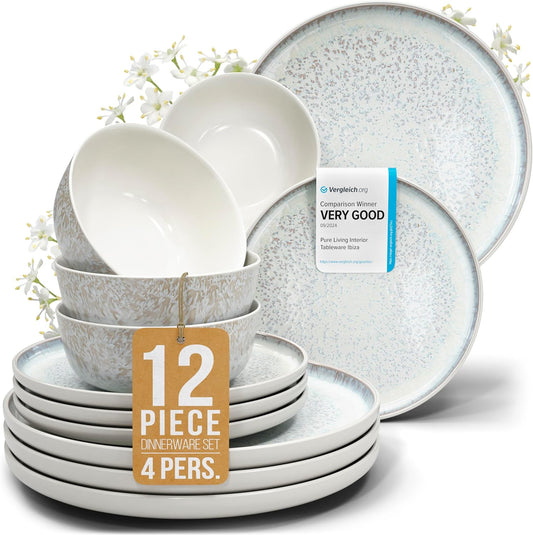 Stoneware dinnerware set 4 persons 12 pcs - Mediterranean dinnerware set, dishwasher, microwave and scratch resistant - bowl and plate set - dinnerware Pure Living Light Beige…