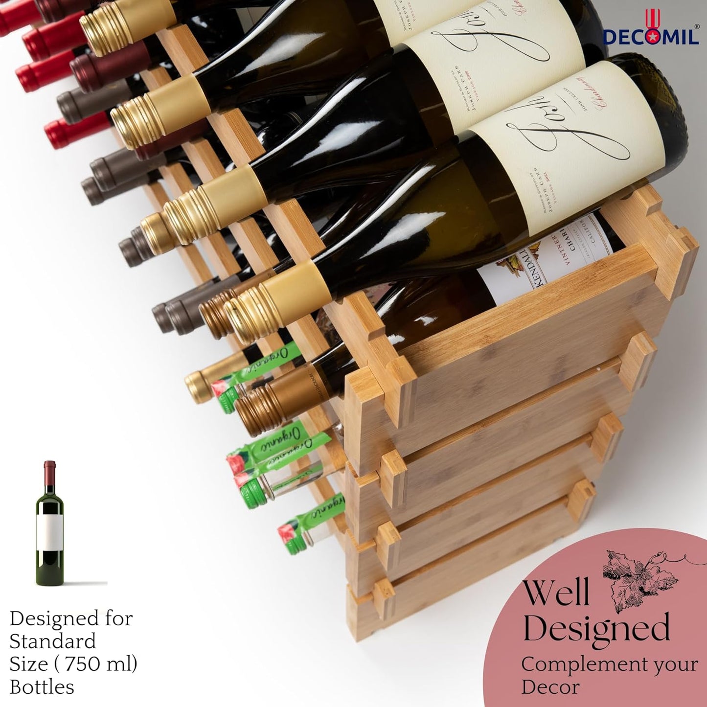 DECOMIL - 36 Bottle Large Wine Rack, Stackable & Modular Wine Storage Rack, Solid Bamboo Wine Holder Display Shelves, Wobble-Free (Four-Tier, 36 Bottle Capacity)