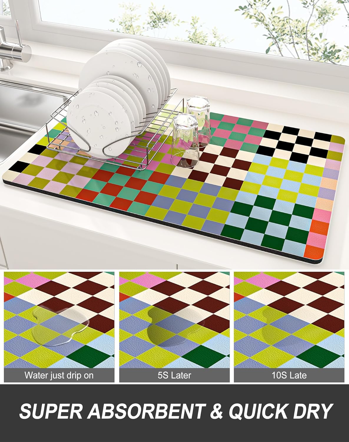 Rnivvi Dish Drying Mat for Kitchen Counter, 12 x 19" Cute Checkered Absorbent Draining Pad, Non-Slip Heat Resistant Coffee Bar Mats for Coffee Machine Station Accessories, Colorful Dish Rack Pad