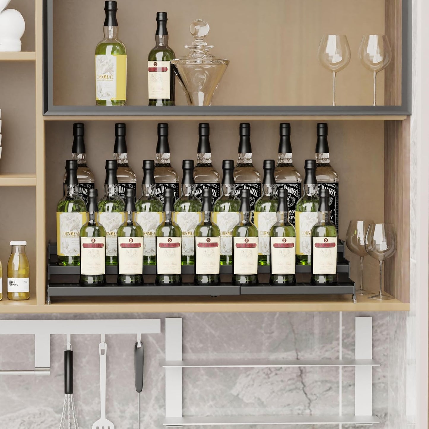 Expandable Spice Rack organizer with 3-Tier step shelf,Modern Design heavy duty,Non Skid and Visibility ,Great for Kitchen Cabinet,Bathroom,dressing table,Cupboard, Pantry and more(2PACKS/BLACK)