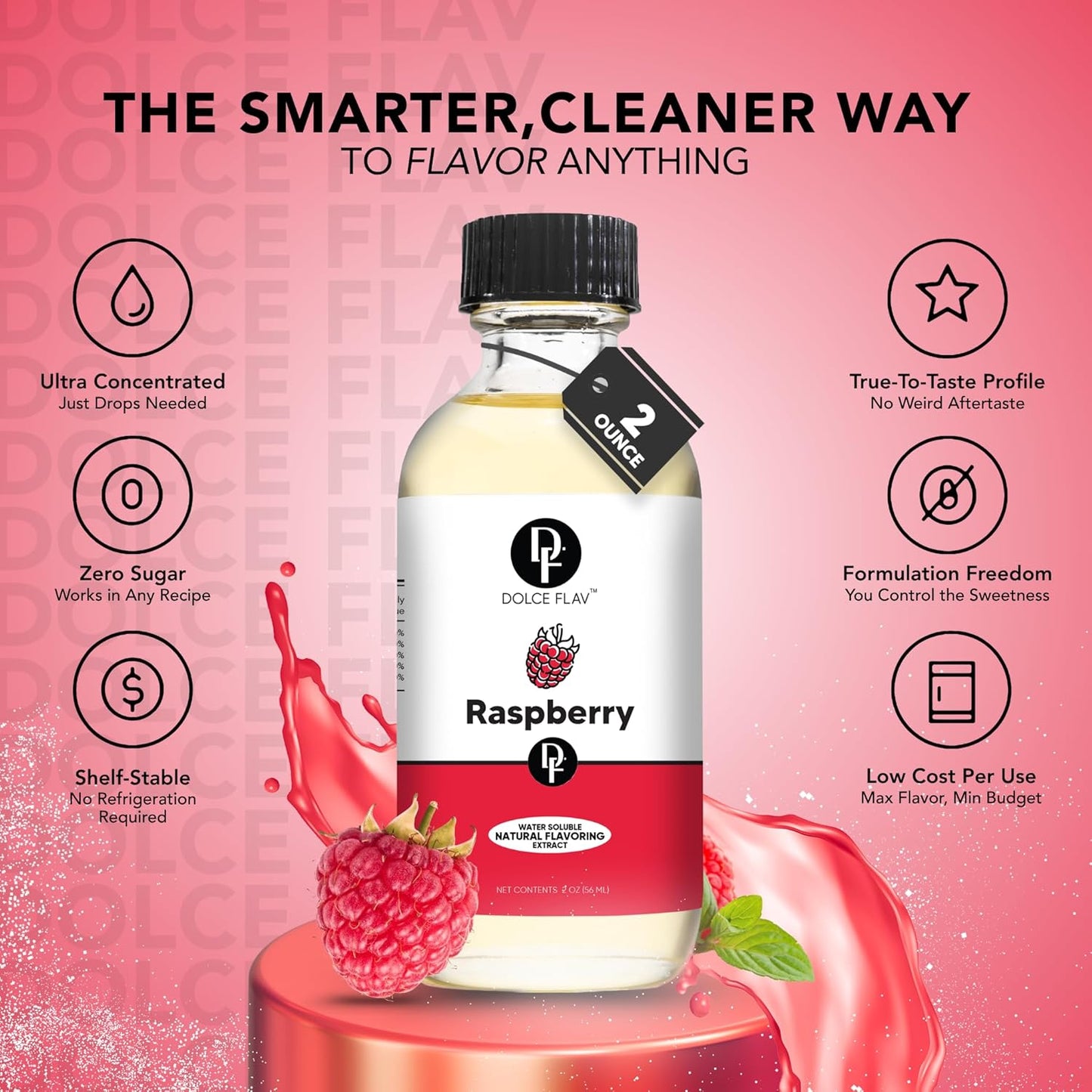 Dolce Flav Natural Raspberry Extract 2 oz – Kosher, Sugar-Free, Concentrated Tart Raspberry Flavoring for Baking, Beverages & Desserts, Includes Measured Dropper