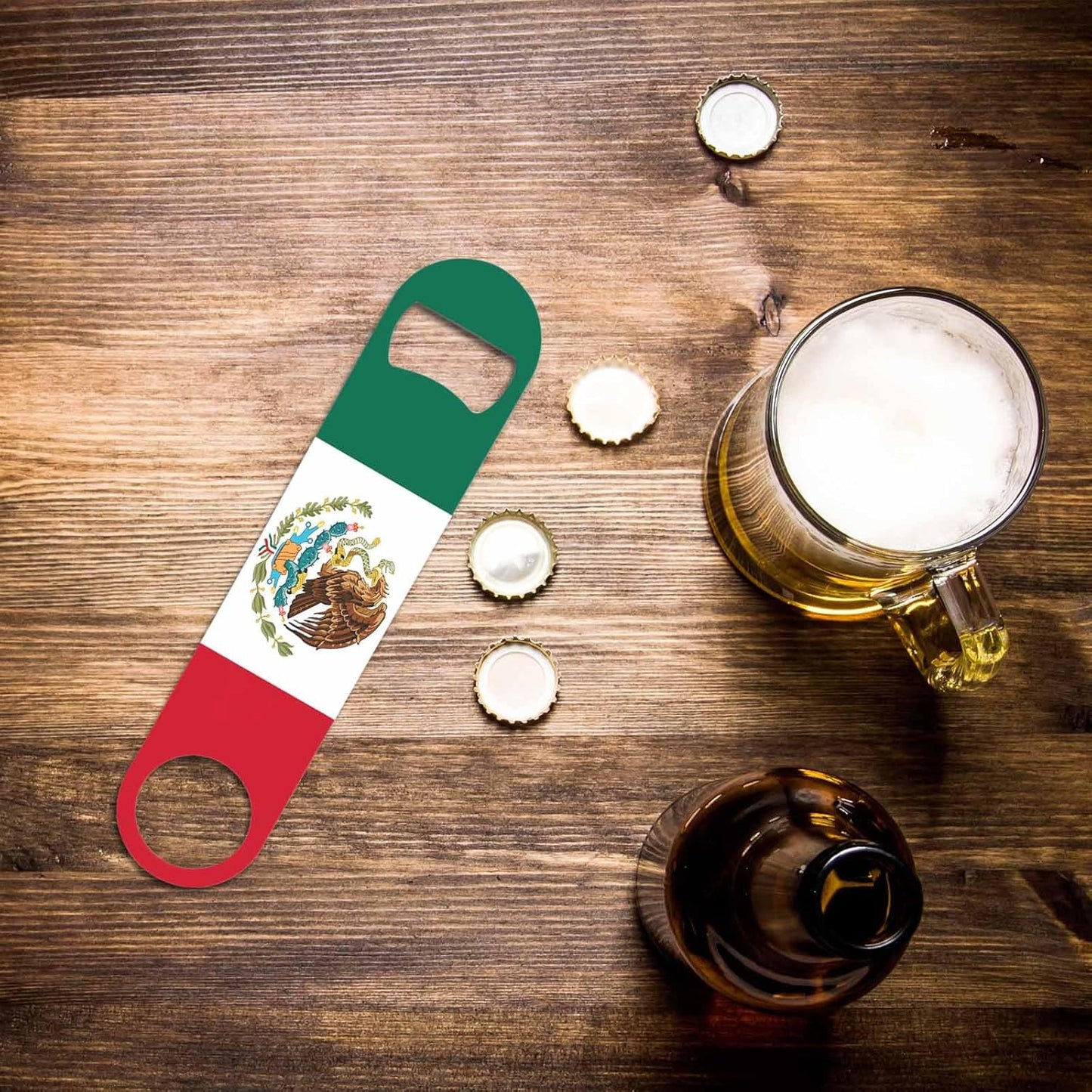 Mexican Flag Stainless Steel Bottle Opener Nice Country Flag Patriotism Red Green White and Eagle Flat Beer Bottle Opener Keychain for Home Kitchen Bar Restaurant Party Birthday Gift