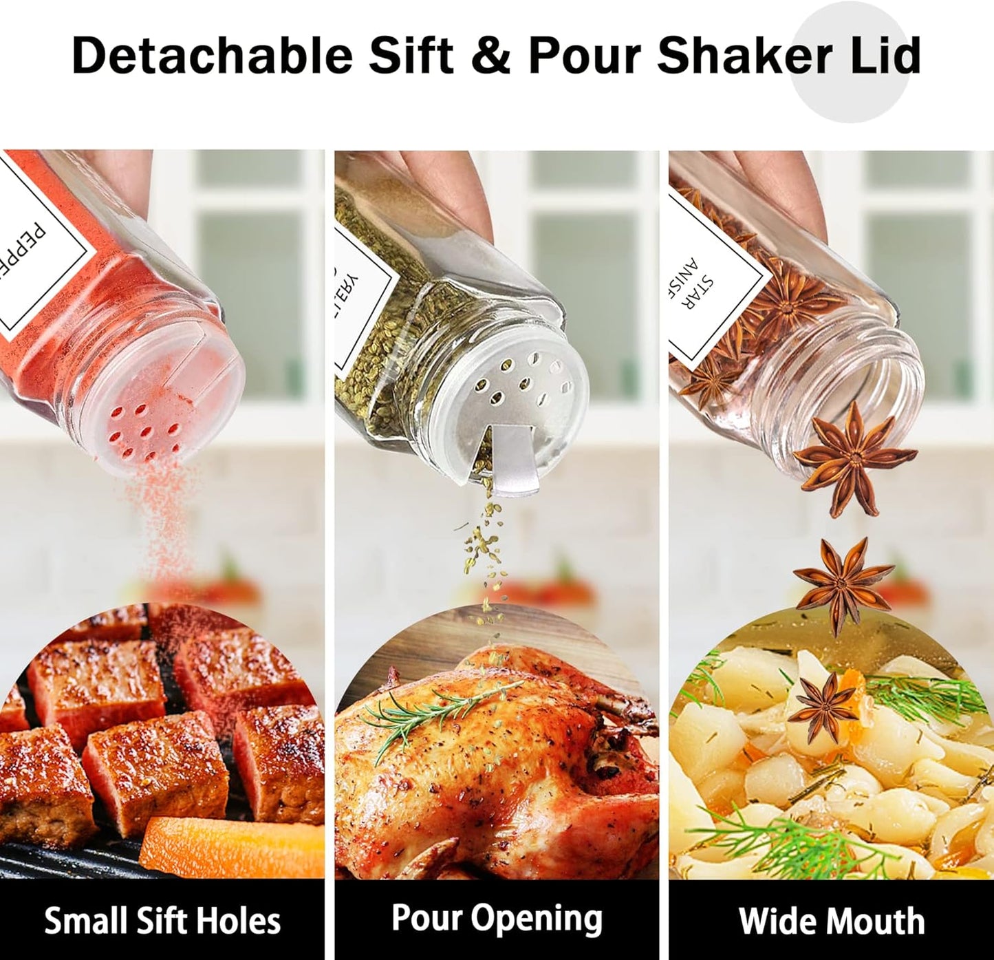 Aliggbent Spice Jars with Lable, 48 Pcs 4 oz Glass Spice Jars with Bamboo Lids, Spice Containers Bottles, Glass Seasoning Jars with Shaker Lids, Collapsible Funnel, for Spice Racks, Pantry,Cupboard