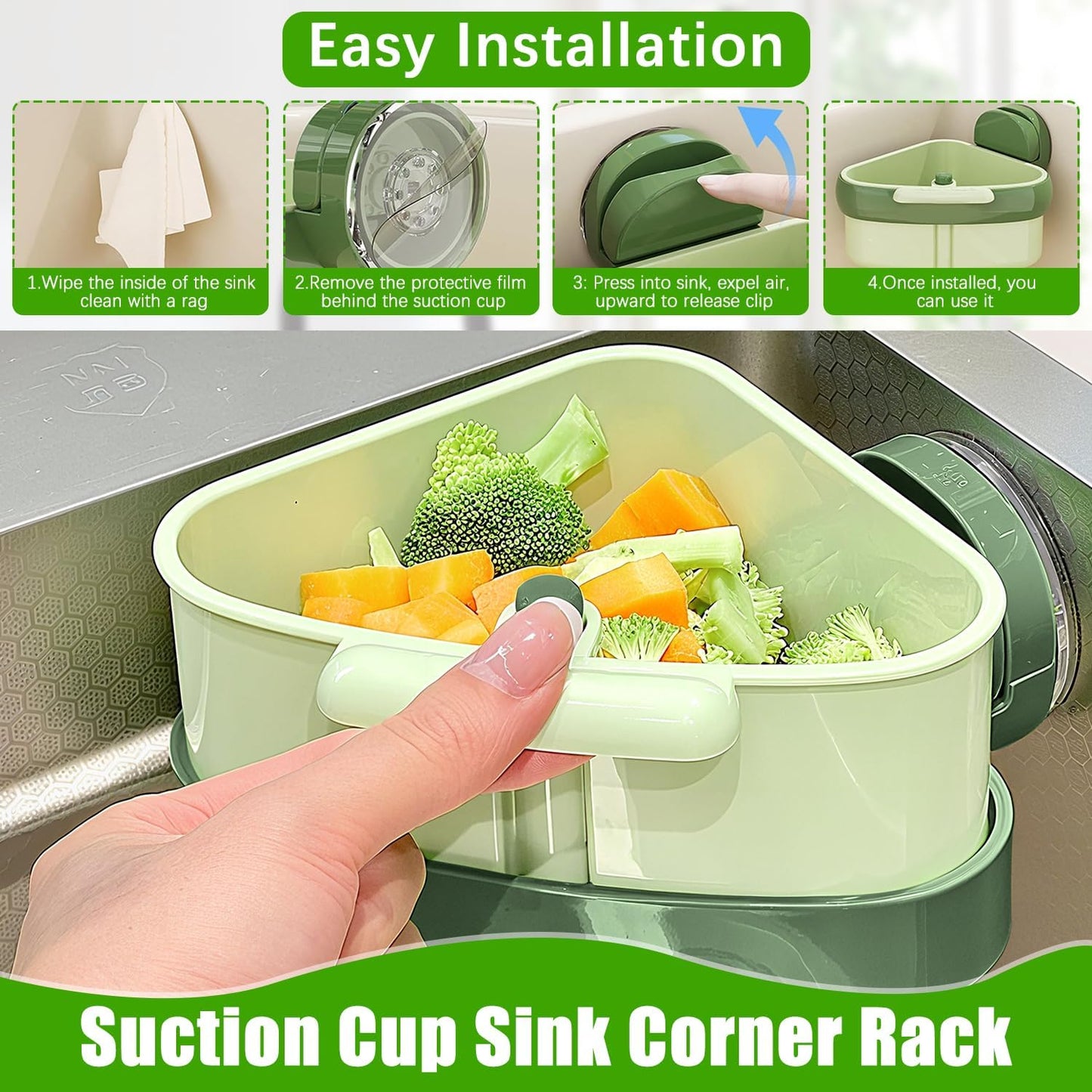 Upgraded Suction Cup Sink Corner Rack, New Press Corner Sink Strainer, Automatic Dumping Sink Strainer Basket, Triangle Storage Rack with Drain Hole, Corner Sink Trash Catcher for Food Waste (Yellow)