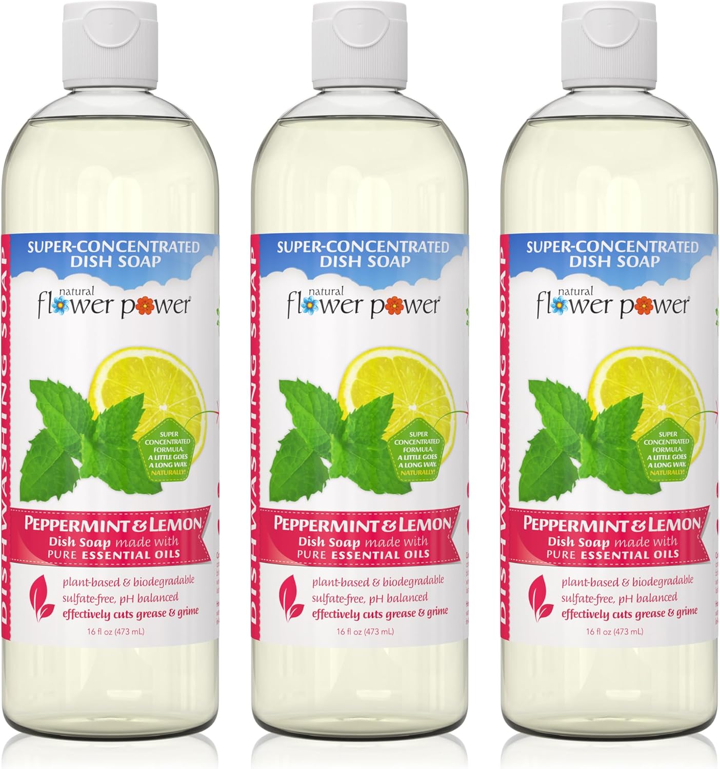Plant-Derived Dish Soap - Sulfate-Free, Bio-Based, pH-Balanced, Vegan Cleaning Supplies - Peppermint & Lemon - 3 x 16 oz