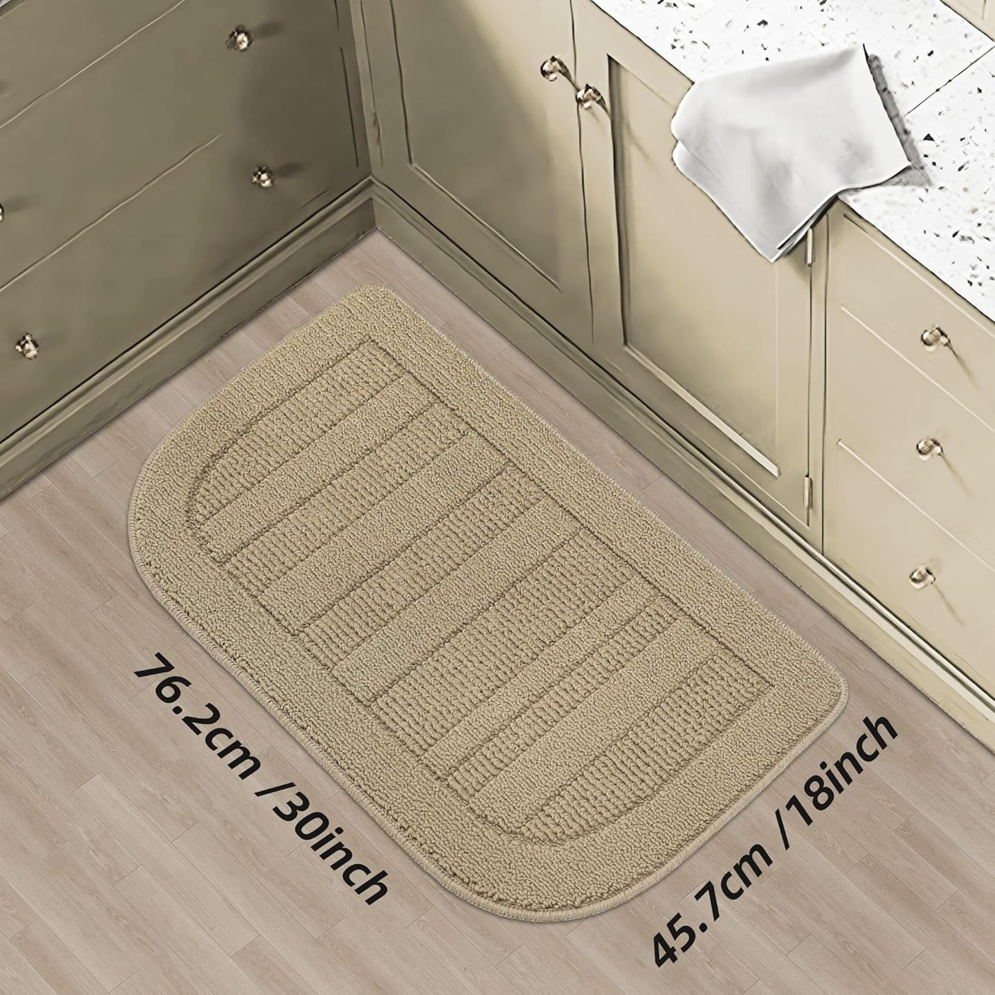 BEQHAUSE 30x18 Inch Kitchen Rug Mat Durable Kitchen Rugs Non-Slip Washable Absorbent Kitchen Mats for Floor Dirt-Resistant Semicircular Kitchen Mat (Beige)