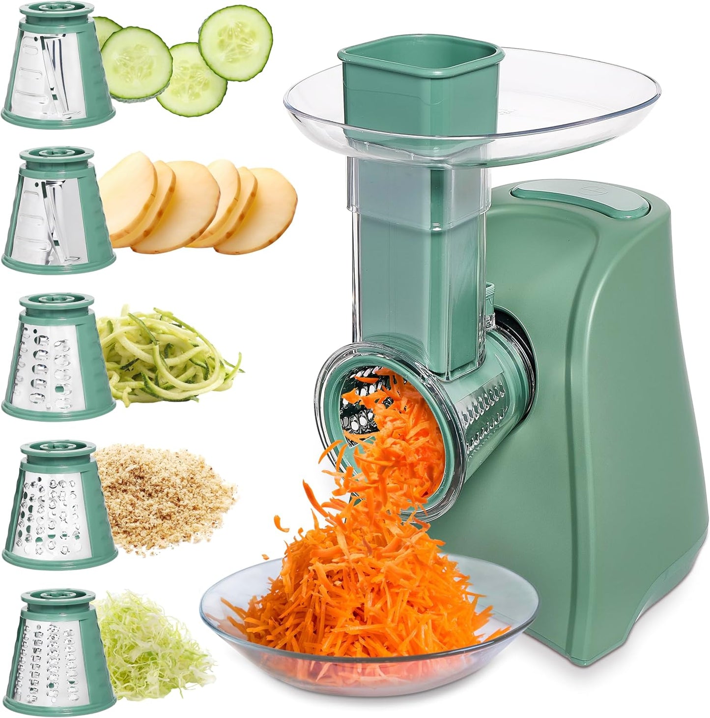 COOK WITH COLOR 5-in-1 Electric Slicer, 150W Food Prep Machine – Cheese Shredder, Fine & Coarse Graters, Potato Grater, Vegetable Slicer, Fruit, Salad Shooter, Compact Design for Bowl Prep, Green
