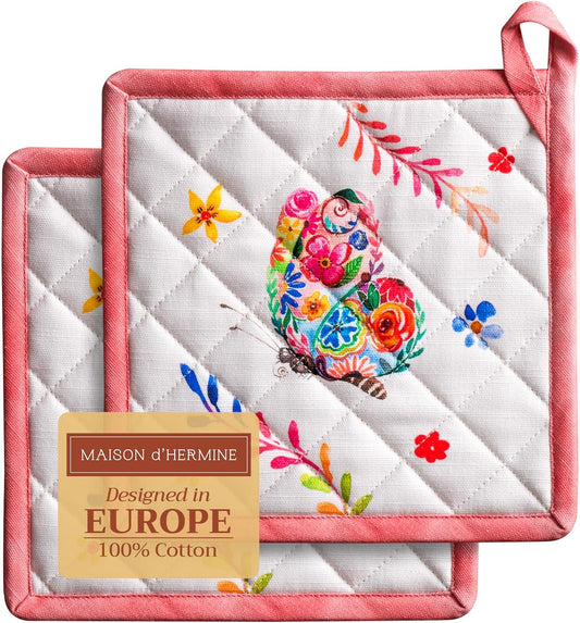 Maison d' Hermine Pot Holders Set 100% Cotton Heat Resistant Potholders 8" x 8" Hot Pads with Loop Cooking, Grilling, Kitchen, Handling Hot Pans Spring/Summer (Pack of 2, Happy Florals - High Summer)