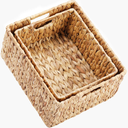 HOONEX Water Hyacinth Storage Baskets, Wicker Baskets for Organizing, Hand Woven Baskets with Carry Handles, Set of 2, Natural
