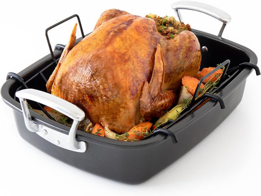 Chef Pomodoro Deluxe Large Carbon Steel Roasting Pan with U-Rack, 18.5 x 14.5-In (47 x 37 cm), Extra-Large, Grey – The Ultimate Solution for Flawless Roasts, BBQs, and Oven-to-Table Entertaining