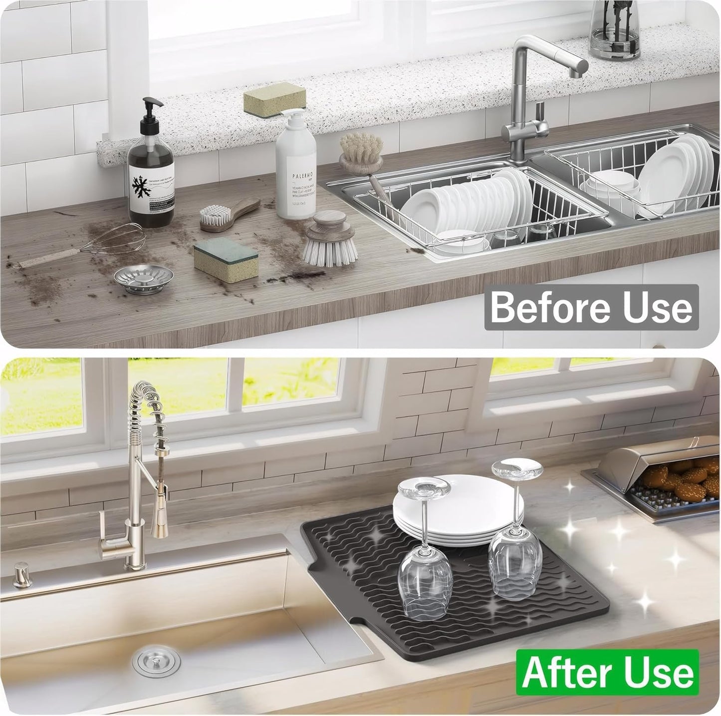 Dish Drying Mat with Drain, Silicone Mat for Kitchen Counter, Non-Slip Drainer Mat for Kitchen Sink, Countertop Dish Drying Rack, Heat Resistant Kitchen Accesories(Black, 15.6"x13")